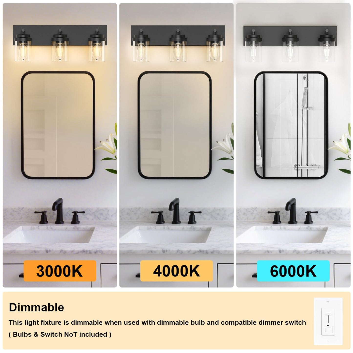 Izorro Bathroom Vanity Light Fixture  3-Light 22 Inch Matte Black Bathroom Light Fixtures Over Mirror  With Clear Glass Shade  Modern Farmhouse Vanity Lights  Rustic Restroom Lighting Fixtures