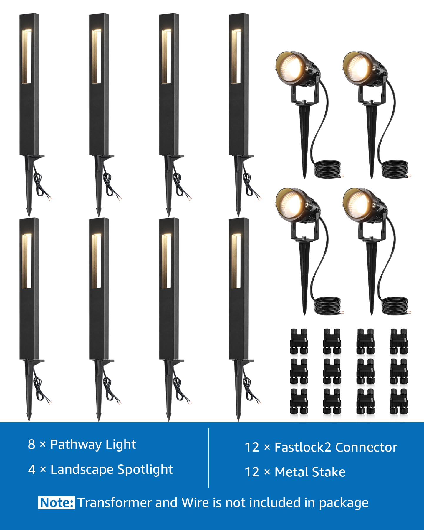 Sunvie 12-Pack Low Voltage Pathway Lights Wired With Spotlights Led Outdoor Landscape Lighting Kit For Path  Garden  Yard  Patio  Cast-Aluminum  Ip65 Waterproof  12-24V Ac/Dc  3000K Warm White  Black