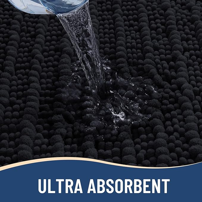 Arotive Luxury Chenille Bathroom Rug Mat, Extra Soft Thick Absorbent Shaggy Bath Rugs, Non-Slip Machine Wash Dry, Plush Bath Mats for Bathroom, Shower and Tub, 54x24, Black