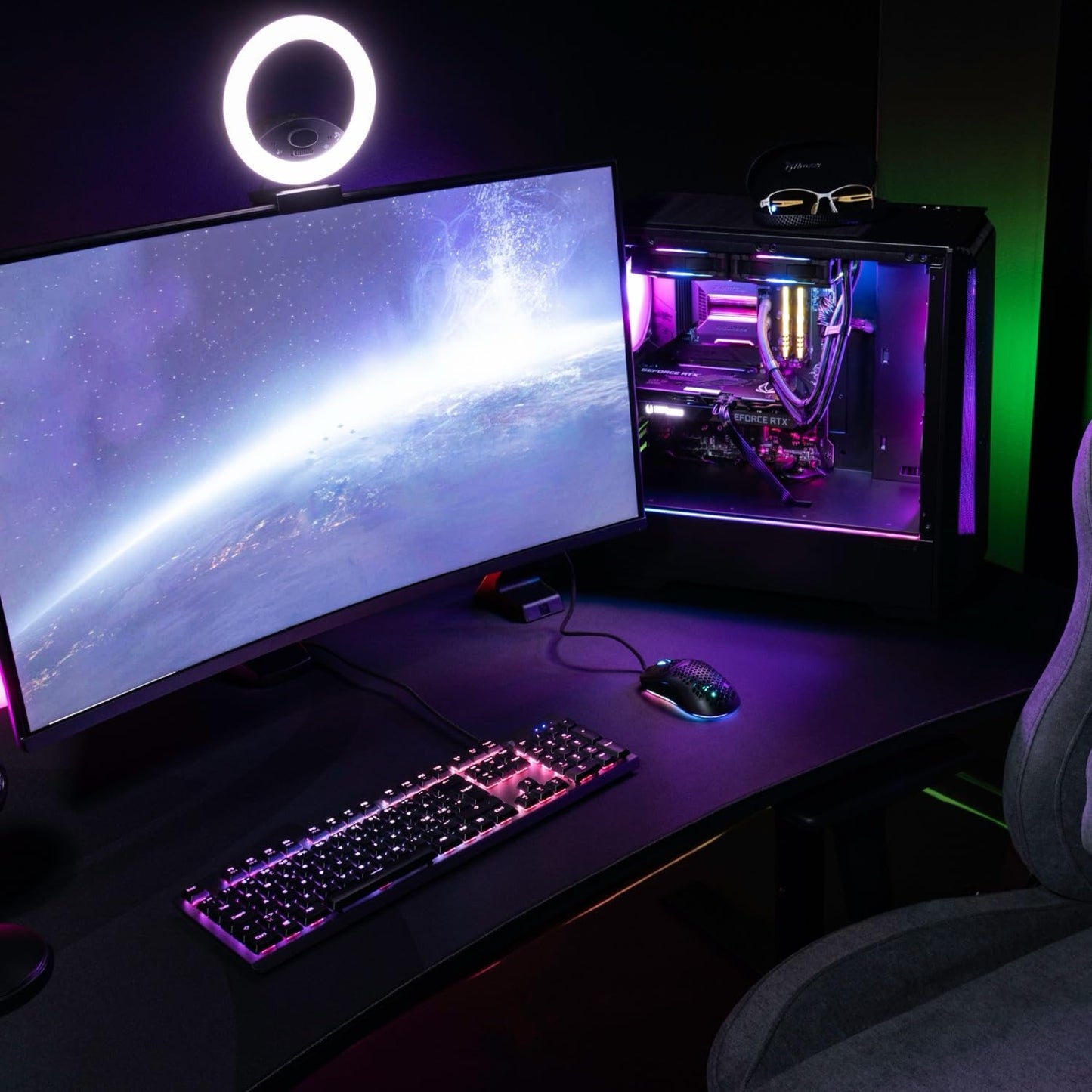 Arozzi Arena Ultrawide Curved Gaming And Office Desk With Full Surface Water Resistant Deskmat Custom Monitor Mount Cable Manage