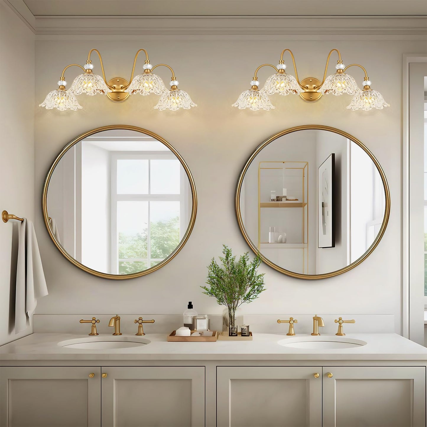 Sunkryster Vintage Matte Brass Finish Bathroom Vanity Light  4-Light Vanity Light With Floral Glass Shades  Retro Wall Mount Lighting For Bathroom  Dressing Table