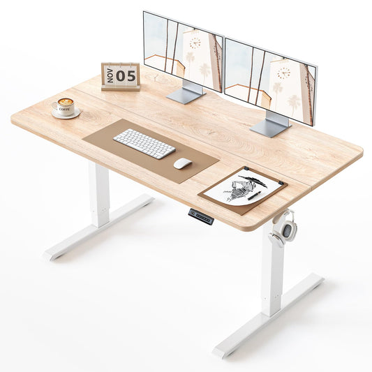 BANTI 55 × 28 Inches Standing Desk, Ergonomic, Electric Height Adjustable, Sit and Stand Up, Computer Desk with a Deeper Desktop, White Frame/Maple Top