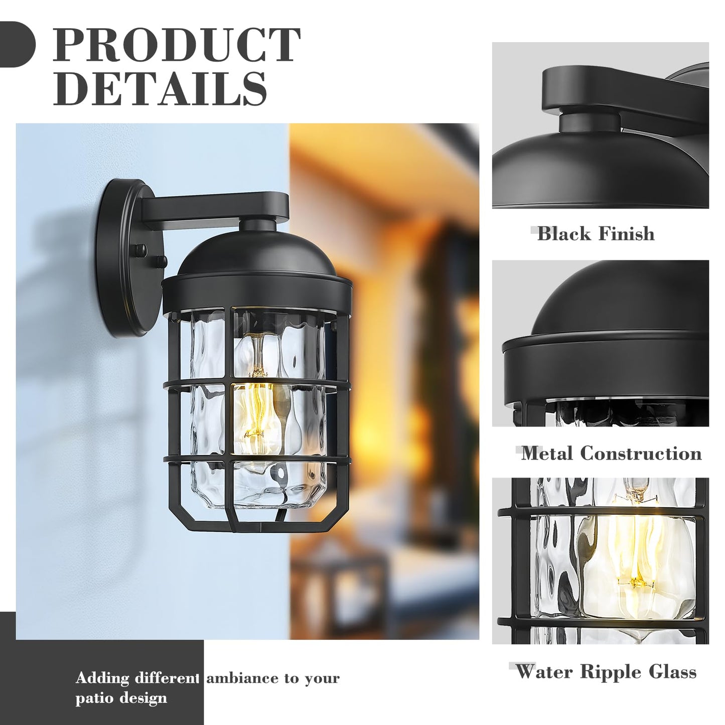 Emliviar 1-Light Porch Wall Lantern With Metal Cage  Outdoor Sconce Wall Mounted Lighting With Water Ripple Glass  Matte Black Finish  Ge255Bl Bk-Wg