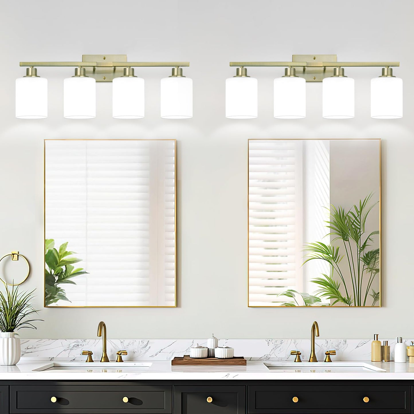 Mokatng 4-Light Bathroom Light Fixtures  Brass Vanity Light With Milky White Shades  Bathroom Lighting Fixtures Over Mirror  Modern Bathroom Wall Lamp For Mirror Living Room Cabinet Bedroom