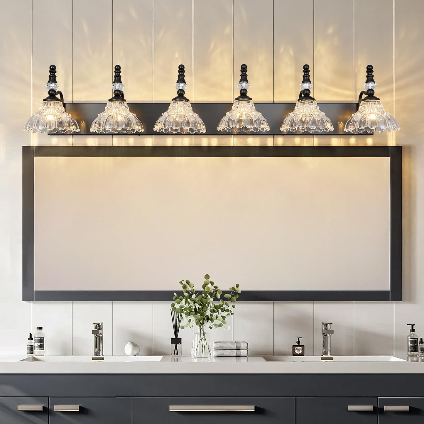 Lbsqj Vintage Bathroom Vanity Light  6-Light Black Vanity Lighting Fixture With Flower Glass Shade  Bathroom Lighting Fixtures Over Mirror