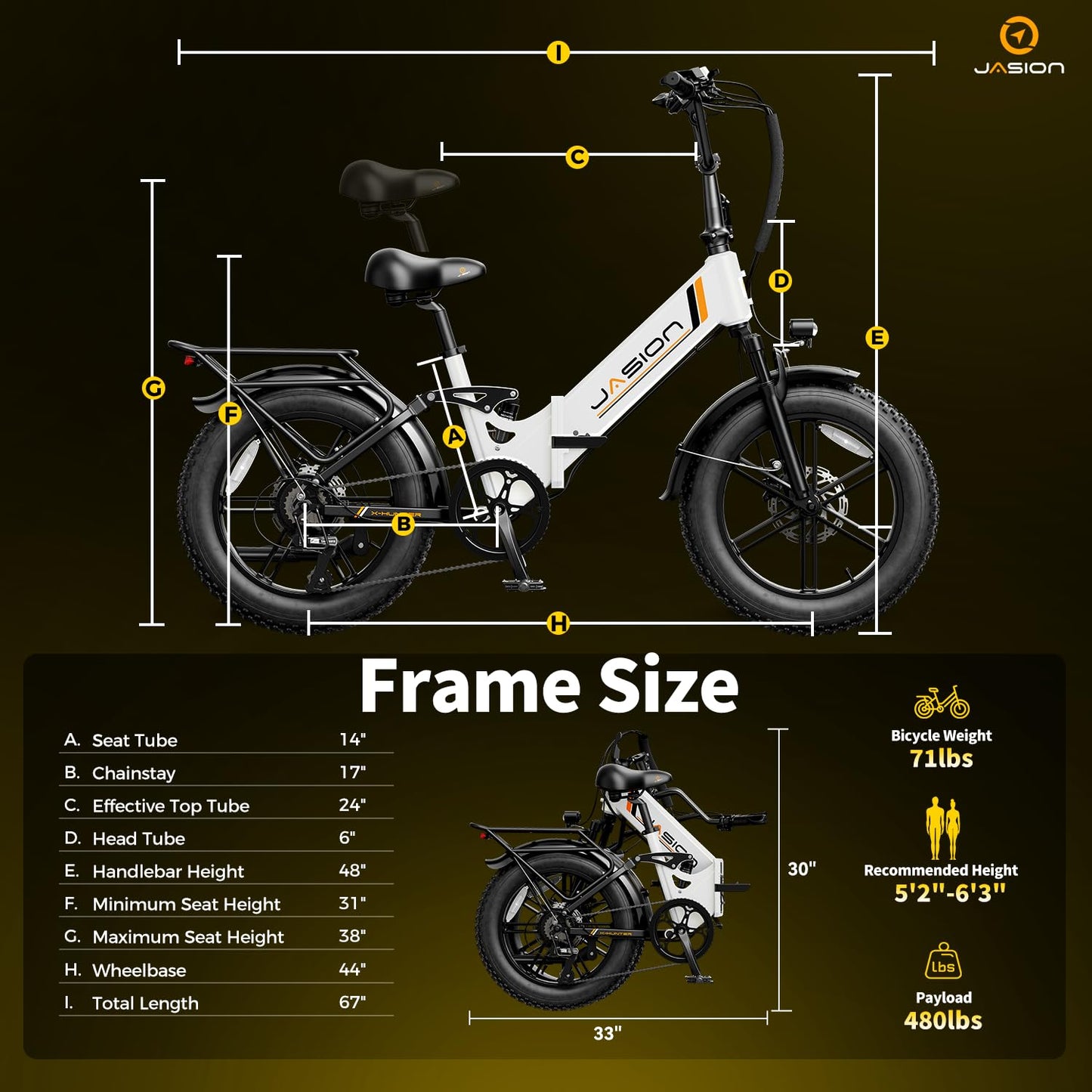 Jasion X-Hunter ST Electric Bike, Fat Tire & 71Miles & 30+MPH Foldable Ebike, 1400W Peak Motor, 624WH Removable Battery, Full Suspension E Bike, Hydraulic Disc Brakes Bicycles
