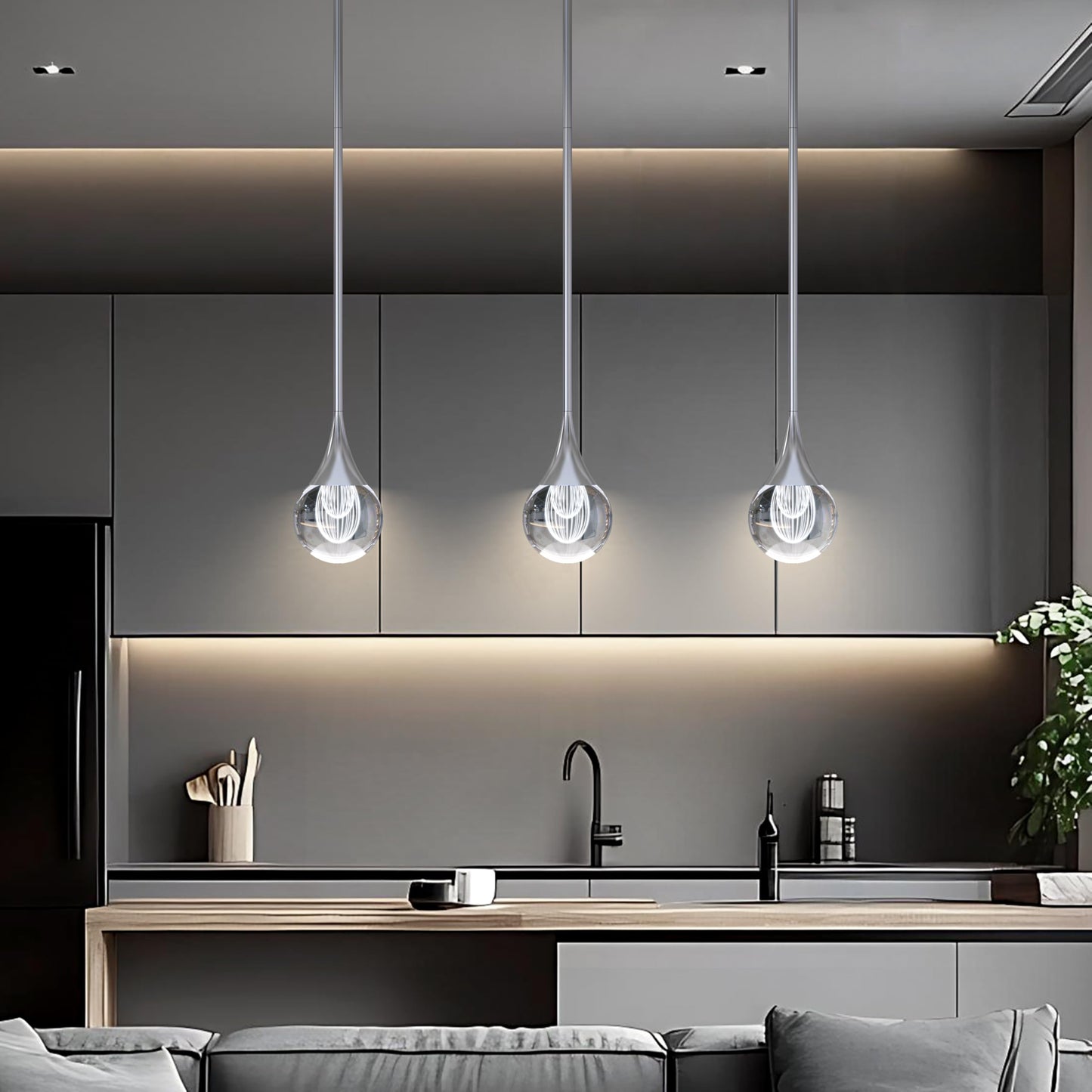 2-Pendant Lights Kitchen Island  Silver Crystal Globe Ceiling Hanging Light Fxitures  Led Light Fixtures Metal Rod Ceiling Glass Pendant Lighting For Kitchen Island Dining Room Bar