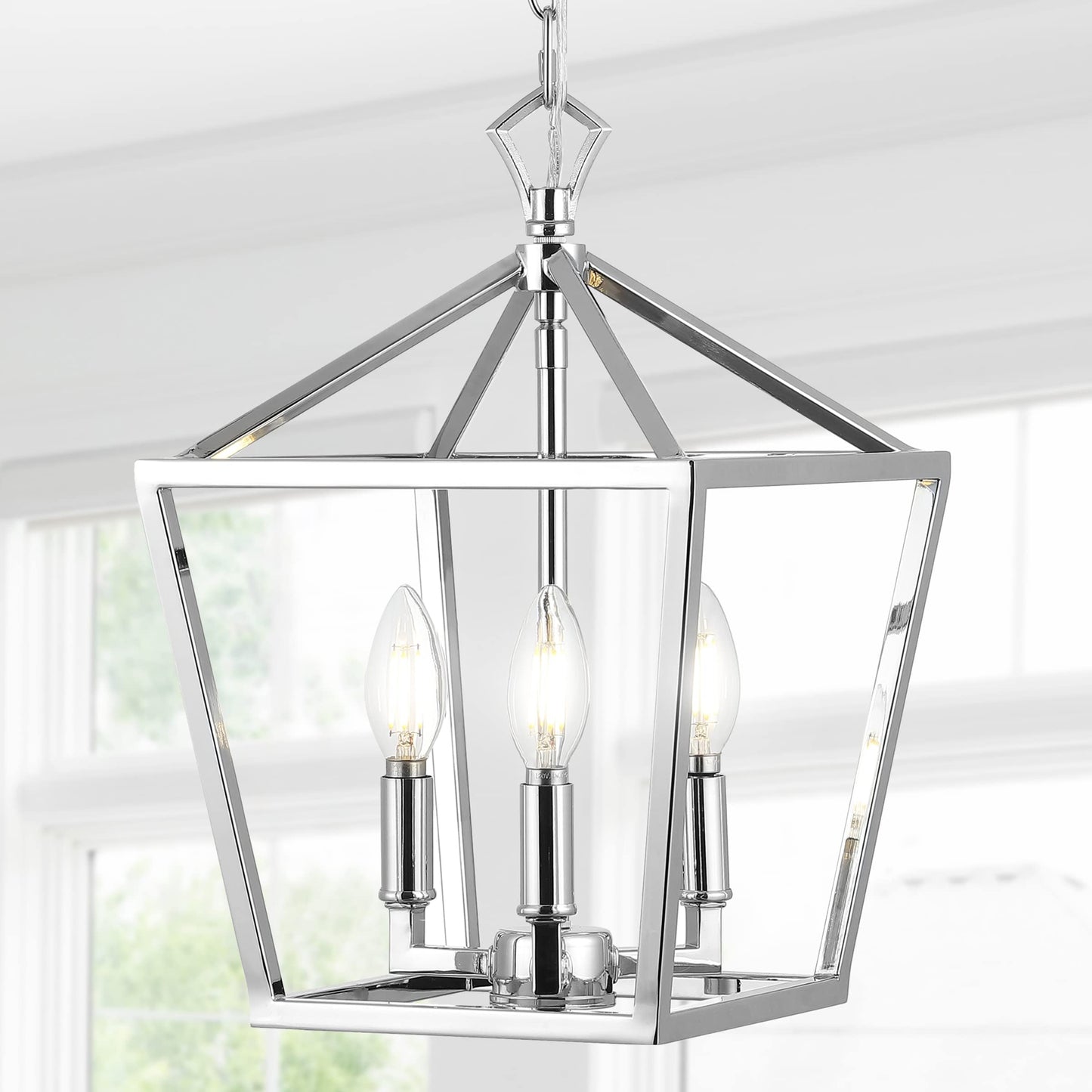 JONATHAN Y Pagoda Lantern LED Pendant Light, Dimmable Adjustable, 10in Chrome, Model JYL7601C, Iron Material
