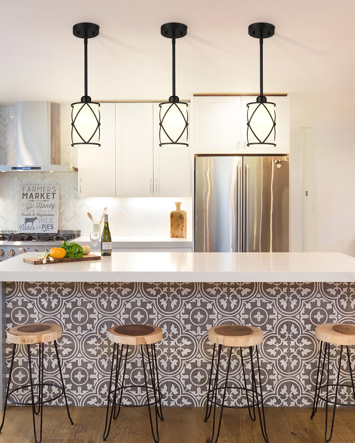 Osimir Pendant Lights Kitchen Island 3 Pack  Black Kitchen Pendant Lighting Over Island With Milk Glass And Rods  Modern Mini Hanging Light For Sink Dining Room  Ch9176Bkw-3Pk