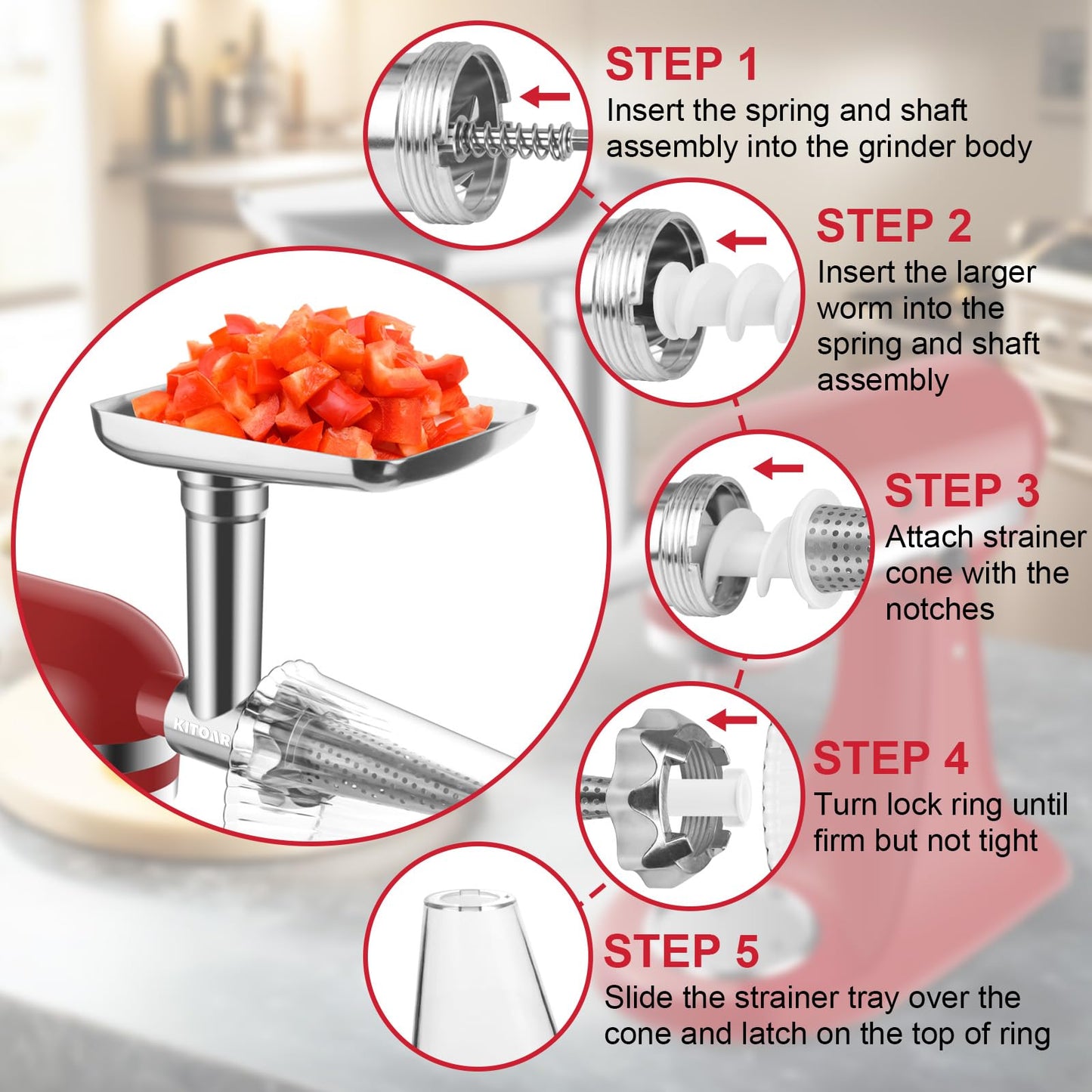 Fruit & Vegetable Strainer Attachment and Food Meat Grinder Attachment for Kitchenaid Stand Mixer with Sausage Stuffer Tubes and Fruits Juicer Auger Strainer