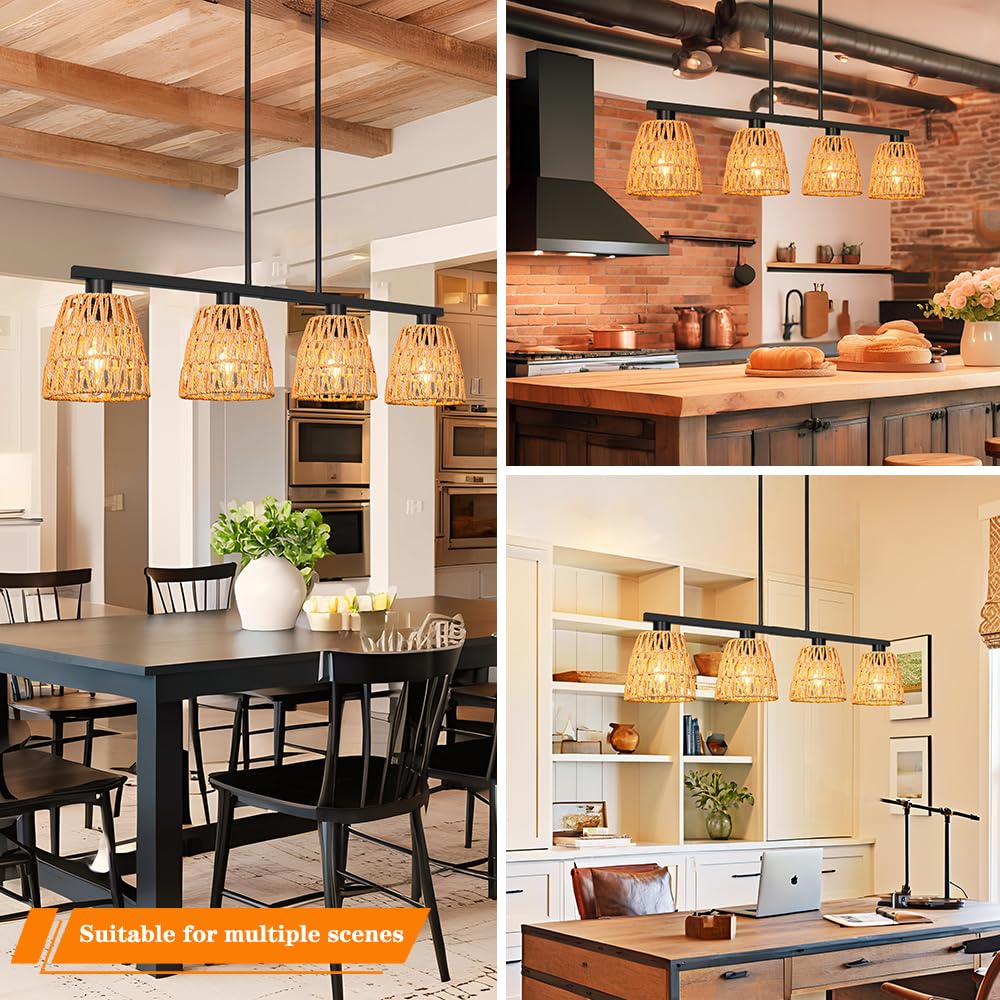 Black 4-Light Kitchen Island Lighting  Boho Rattan Dining Room Light Fixture  Farmhouse Island Light For Kitchen With Shade  Adjustable Linear Chandelier Pendant Lights Kitchen Island Over Bars  Table