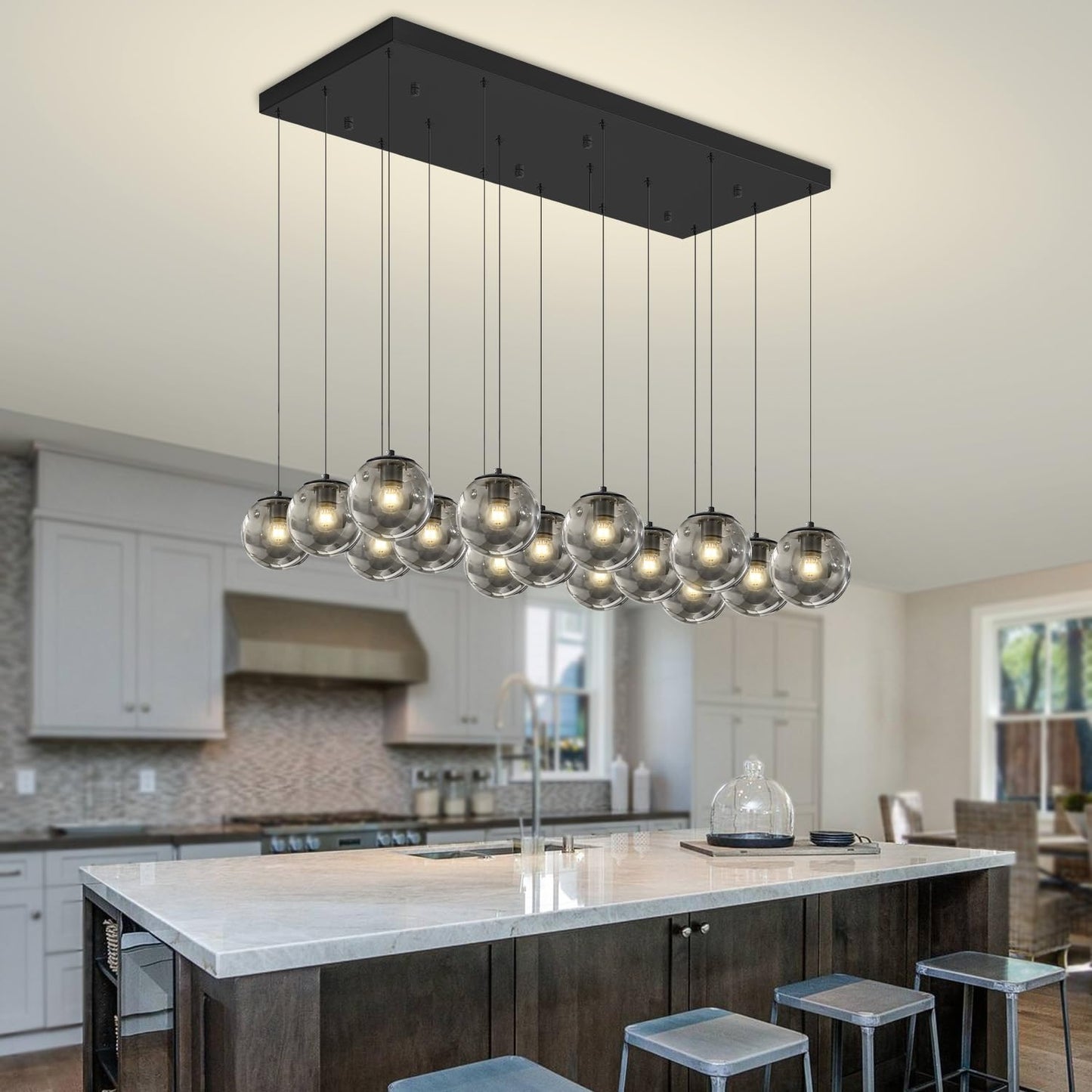 Ykolupty Rectangular Chandelier Smoke Gray Chandelier For Dining Room Large Chandeliers For High Ceiling 16-Lights Entryway Modern Lighting Fixture Globe Pendant Light For Living Room Foyer Hallway