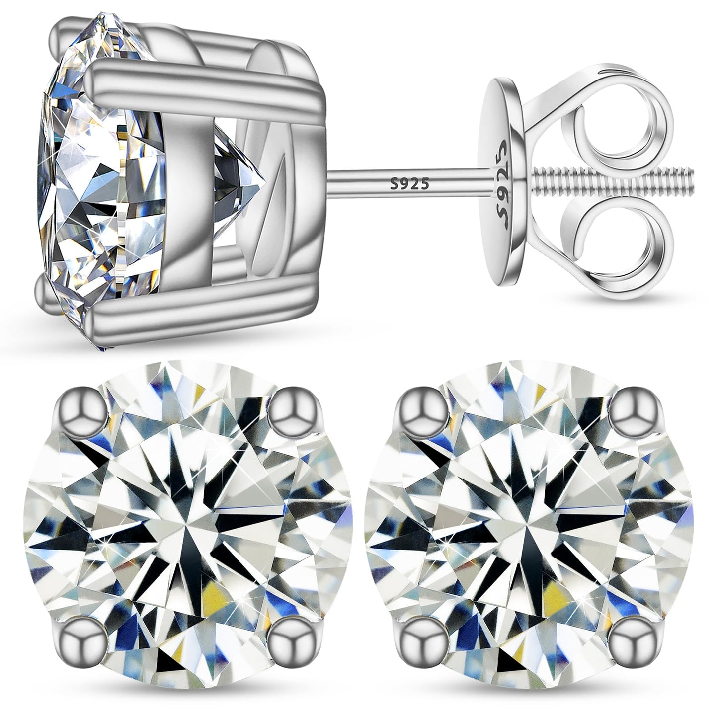 0.2-8 Carats Moissanite Stud Earrings Screw Back Diamond Stud Earrings for Women 18k White/Yellow Gold Plated S925 Sterling Silv