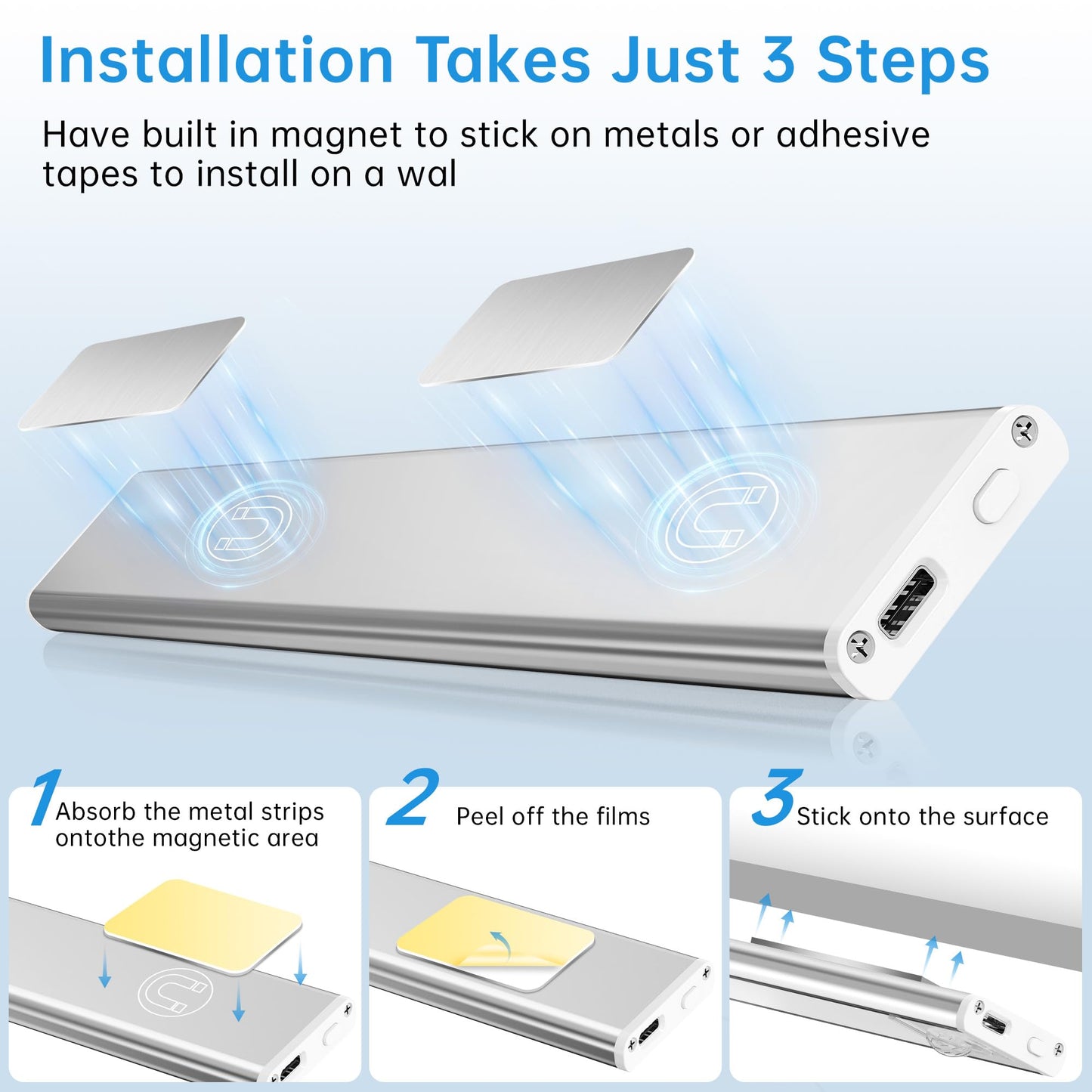 Pzsunly Under Cabinet Lighting 74 Led 2200Mah Rechargeable Motion Sensor Light 3 Colors Dimmable Magnetic Closet Lights Indoor Night Lights For Kitchen Bedroom Stairs 5 Pack