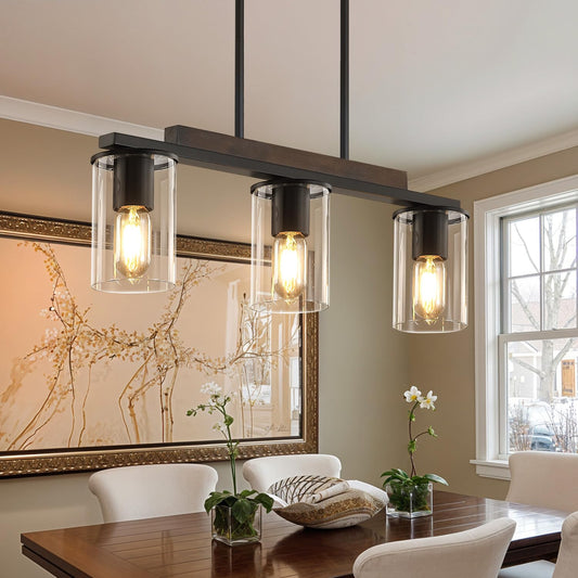 Mecgirn Farmhouse Dining Room Light Fixtures Over Table  Black Pendant Lights For Kitchen Island  3 Light Linear Chandelier Lighting With Wood