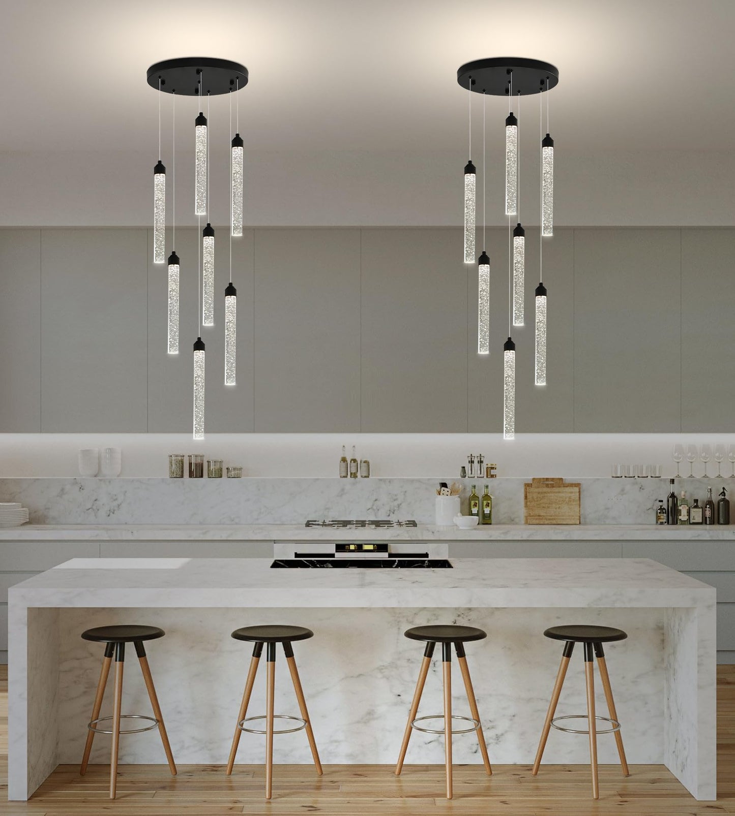 7-Lights High Ceiling Crystal Staircase Chandelier Black Pendant Lights Modern Spiral Raindrop Dimmable Led Bubble Cluster Ceiling Hanging Lighting Fixture For Foyer Living Room Remote Control