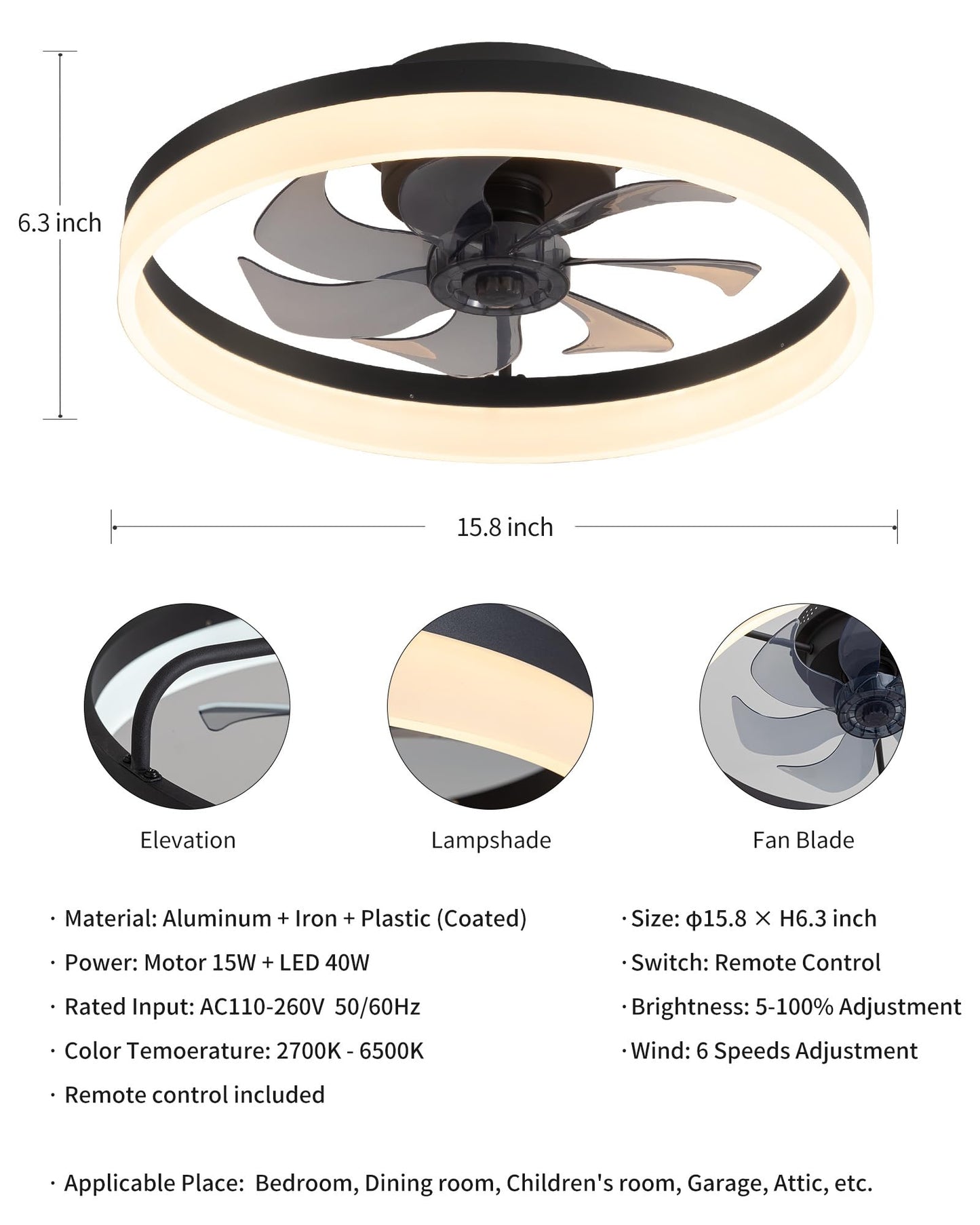Pusu 15.8 Low Profile Led Ceiling Fans With Light  Reversible Flush Mount With Remote And 6 Winds Speeds Fan Lighting  3 Colors Dimmable For Bedroom  Garage  Kids  Dinning Room  Kitchen (Black)
