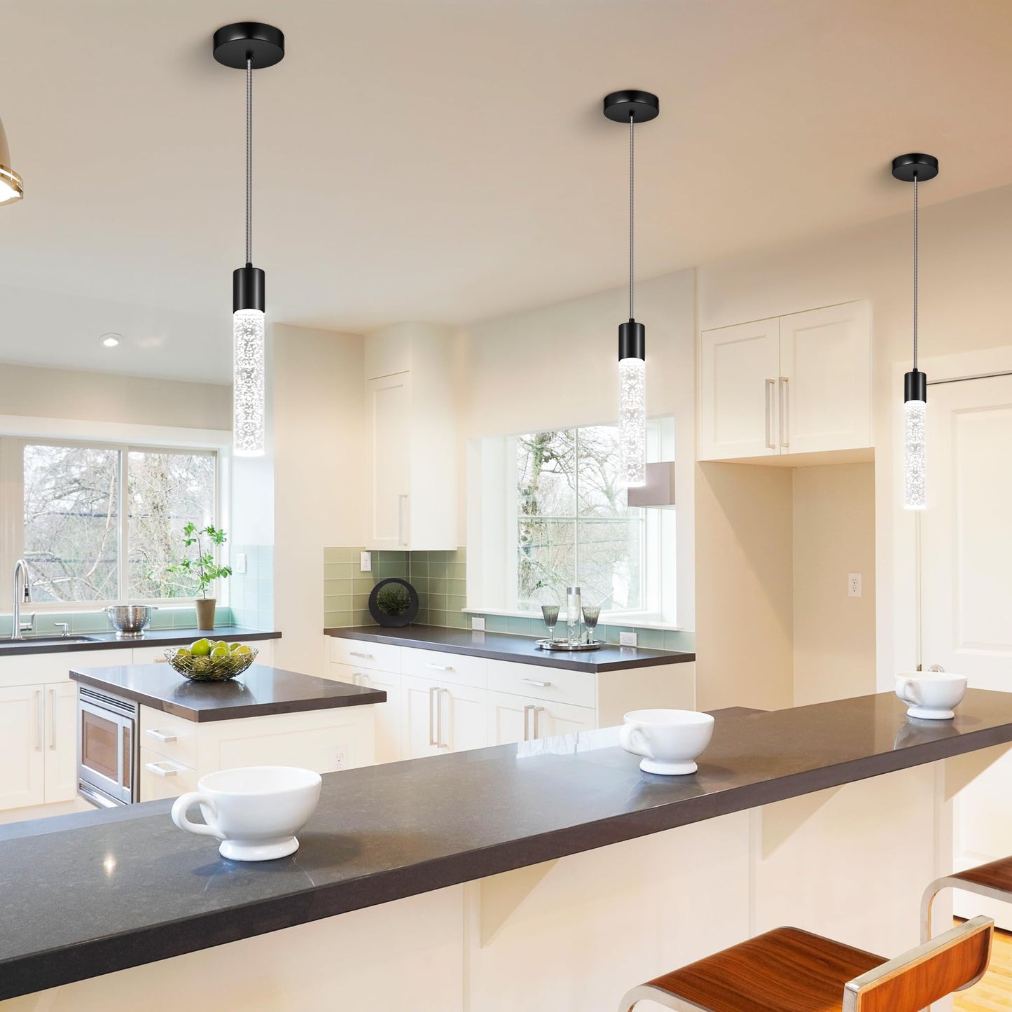 Esfos Pendant Lights Kitchen Island  6500K Modern Kitchen Island Lights Brushed Black  1 Pack Ceiling Lighting Fixtures With Crystal Bubble  Integrated Led Hanging Light For Dining Room Restaurant