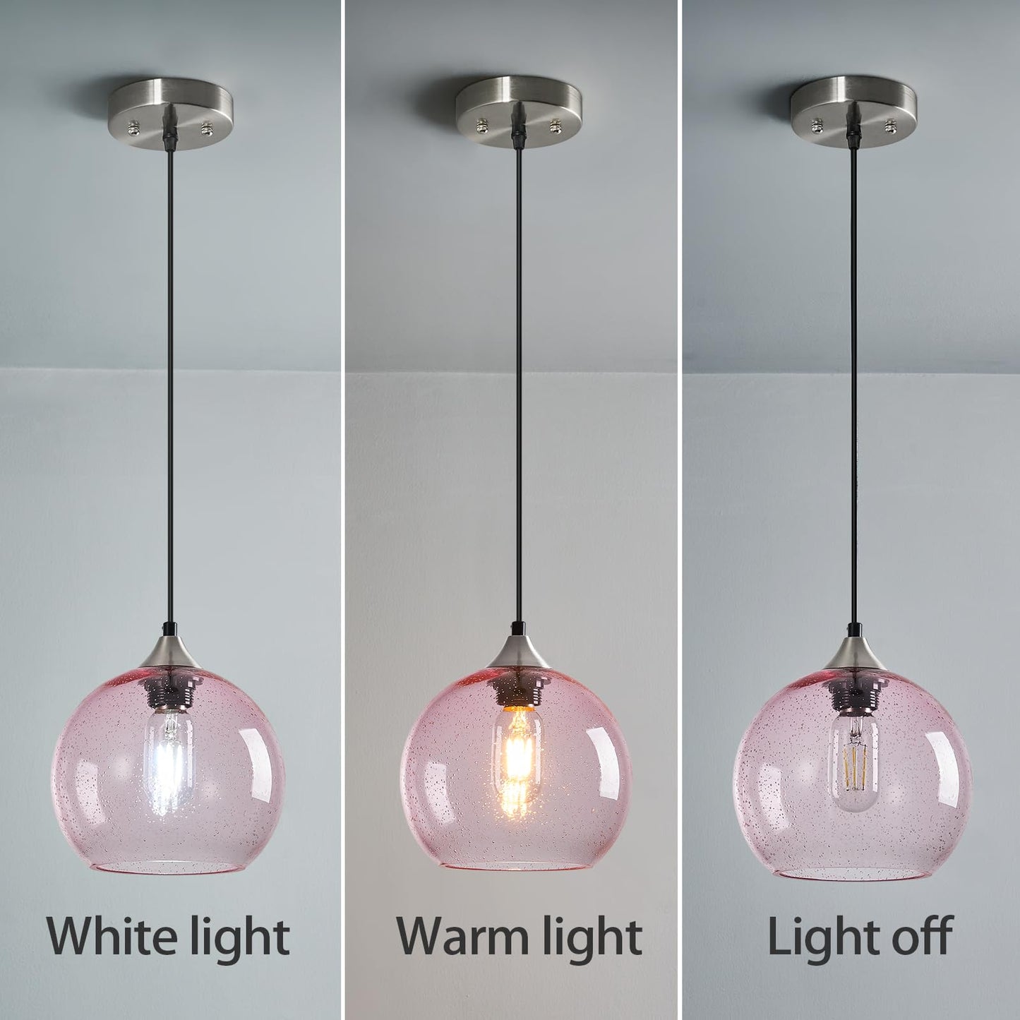 Lbsqj Pink Glass Pendant Lights Kitchen Island Lighting Globe Pendant Light Fixtures Modern Pendant Lighting For Bedroom Living Dining Room Light Fixture (7.87 In  3 Pack)