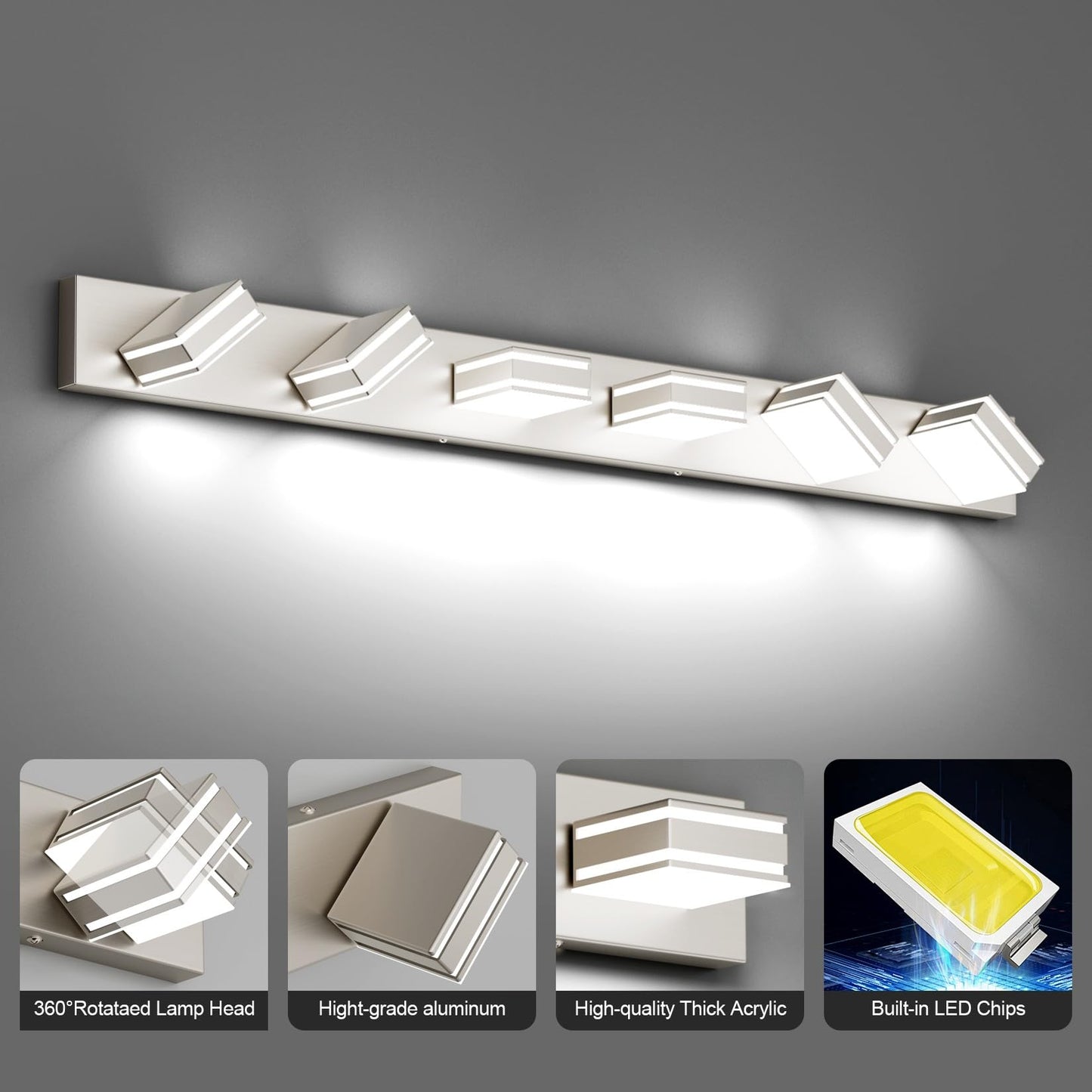 Ralbay 48Inch Brushed Nickel Bathroom Vanity Light 6-Light Metal Acrylic Modern Led Bathroom Lighting Over Mirror