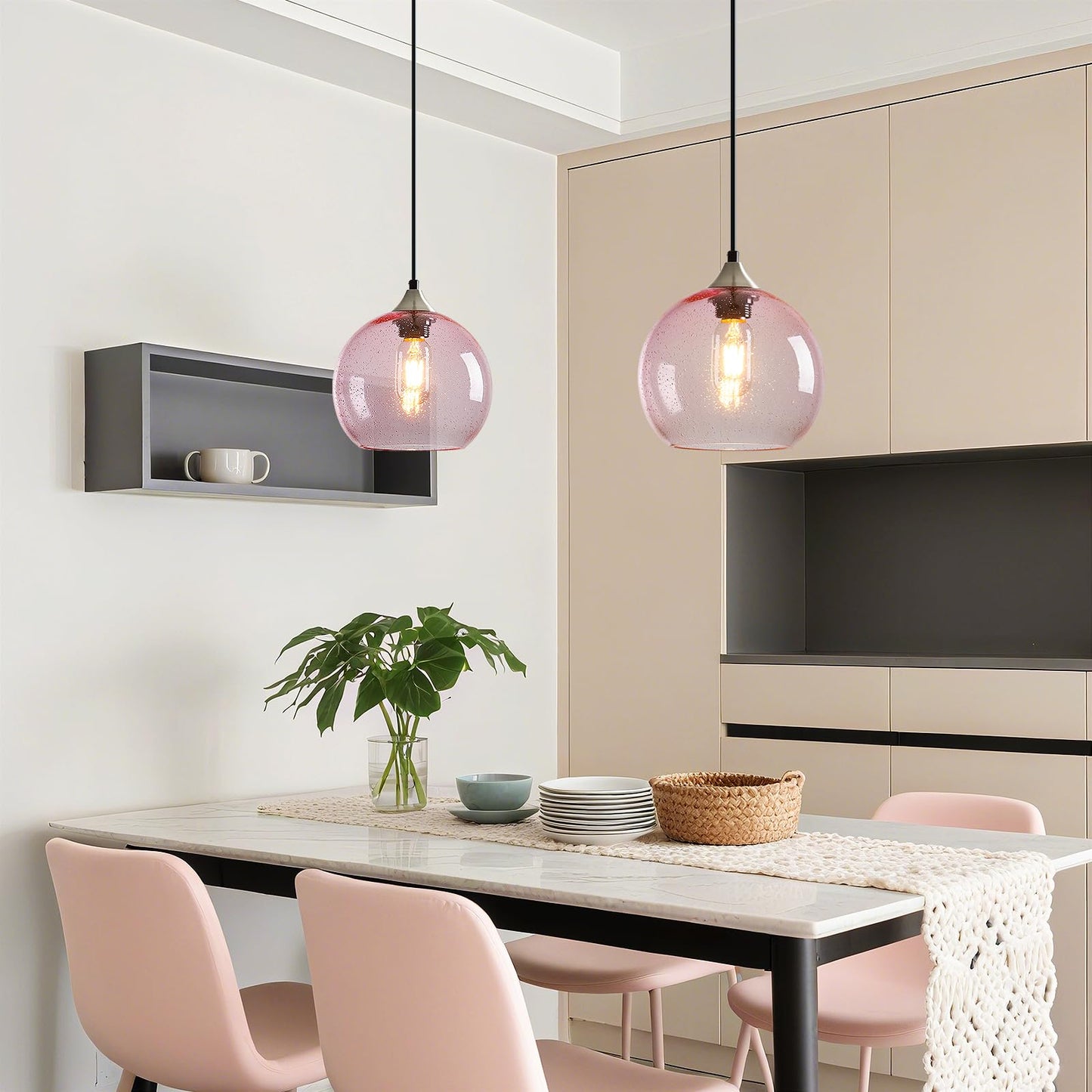 Lbsqj Pink Glass Pendant Lights Kitchen Island Lighting Globe Pendant Light Fixtures Modern Pendant Lighting For Bedroom Living Dining Room Light Fixture (7.87 In  2 Pack)