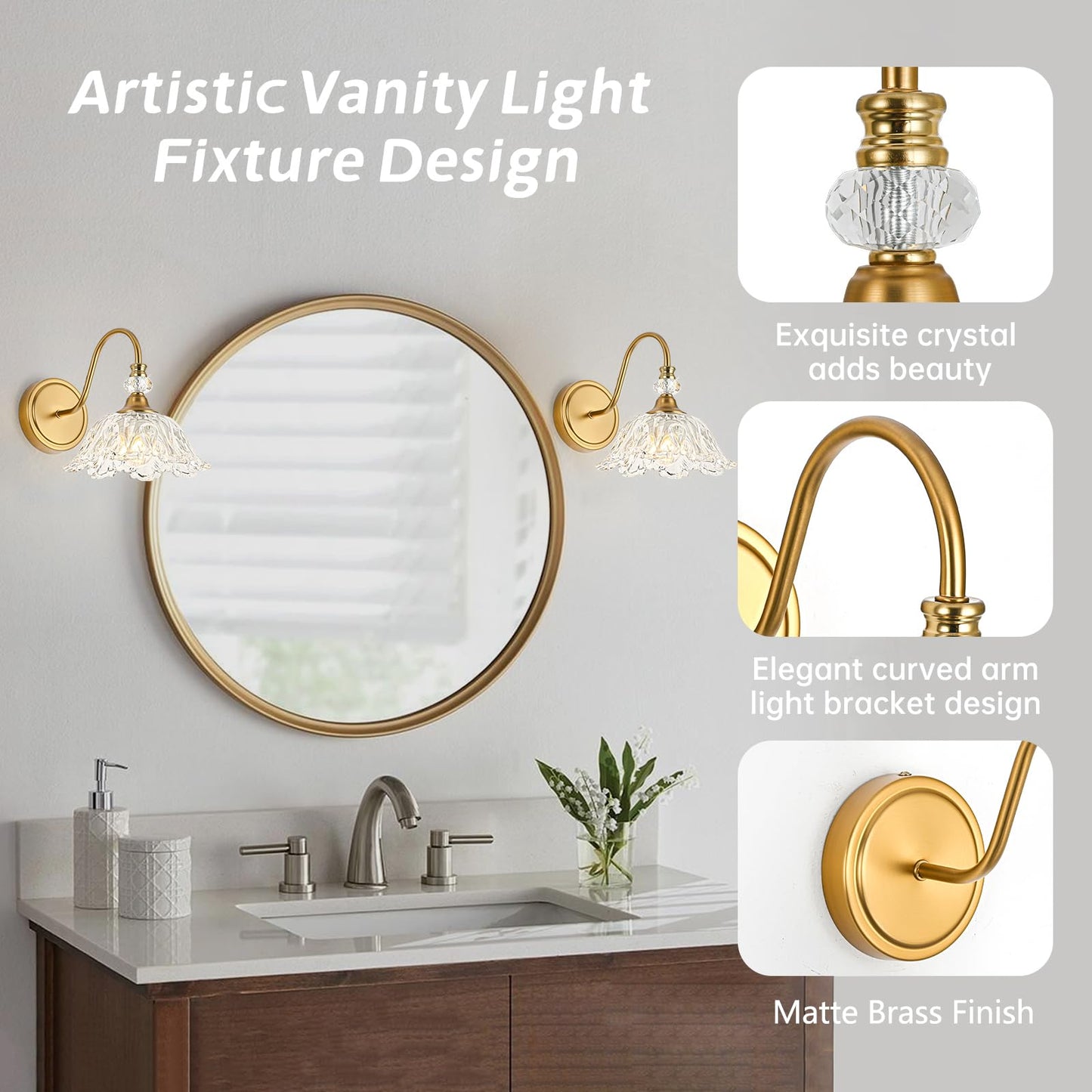 Sunkryster 1 Piece Vintage Wall Sconce With Floral Clear Glass Shade  Matte Brass Finish Wall Mount Lighting For Bathroom Vintage Bathroom Vanity Light Fixtures