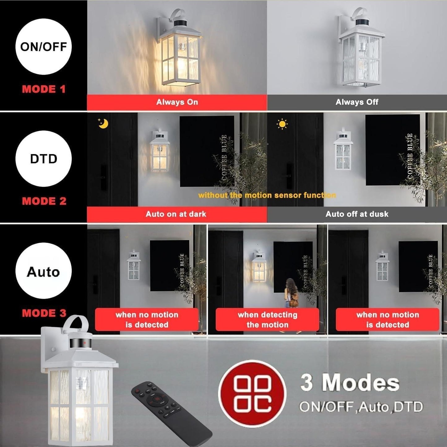 Yjxgdil Porch Lights Outdoor With Remote Control: Motion Sensor Exterior Lighting Fixtures Intelligent 3 Lighting Modes Outdoor Wall Lights Sconce Lights For House Patio Front Door Garage