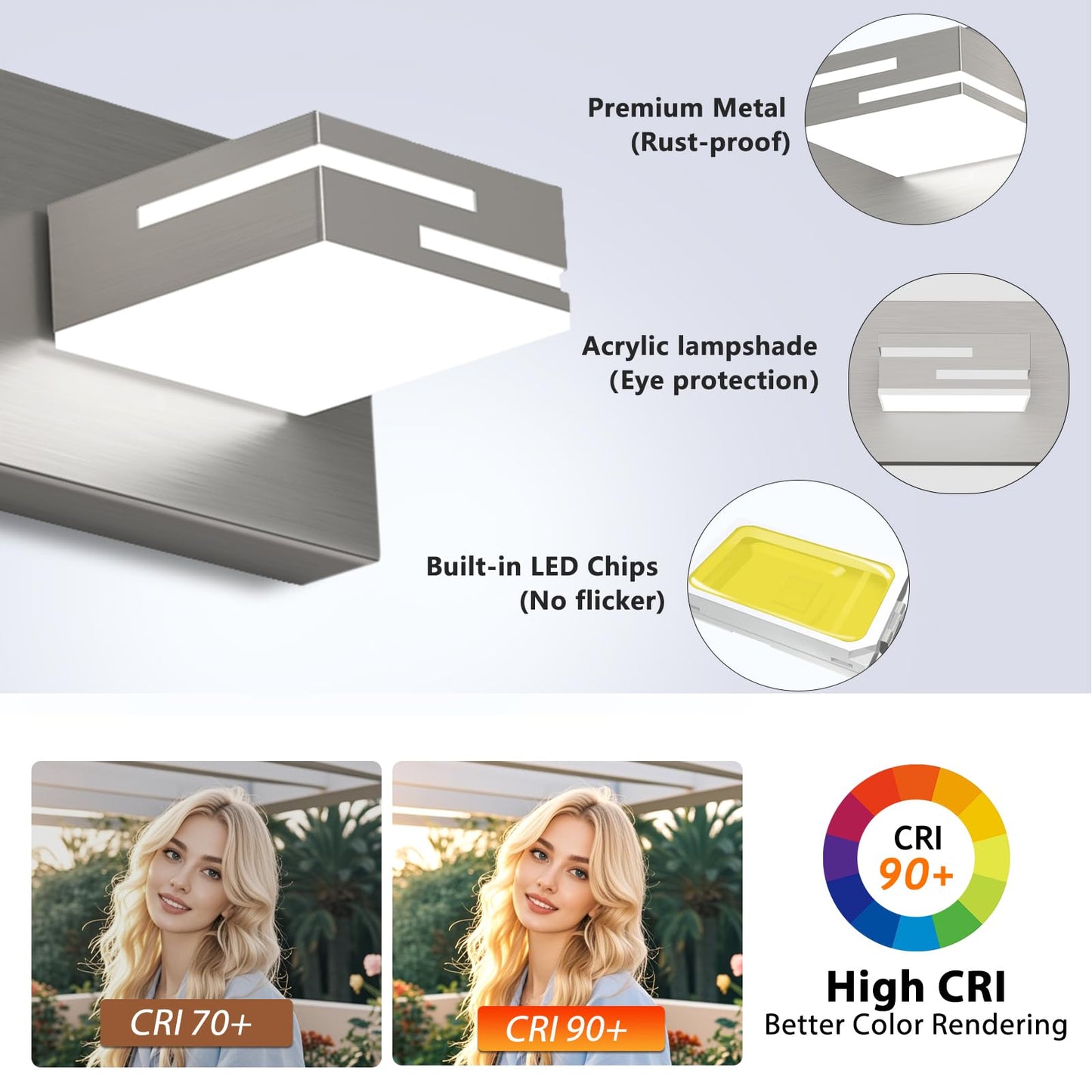 Lkhf Led Modern Bathroom Vanity Light Fixtures 4-Light 28-Inch Dimmable Brushed Nickel Vanity Lights For Bathroom Lighting Fixtures Over Mirror  With 350?Rotatable Acrylic Heads (Cool White 6000K)