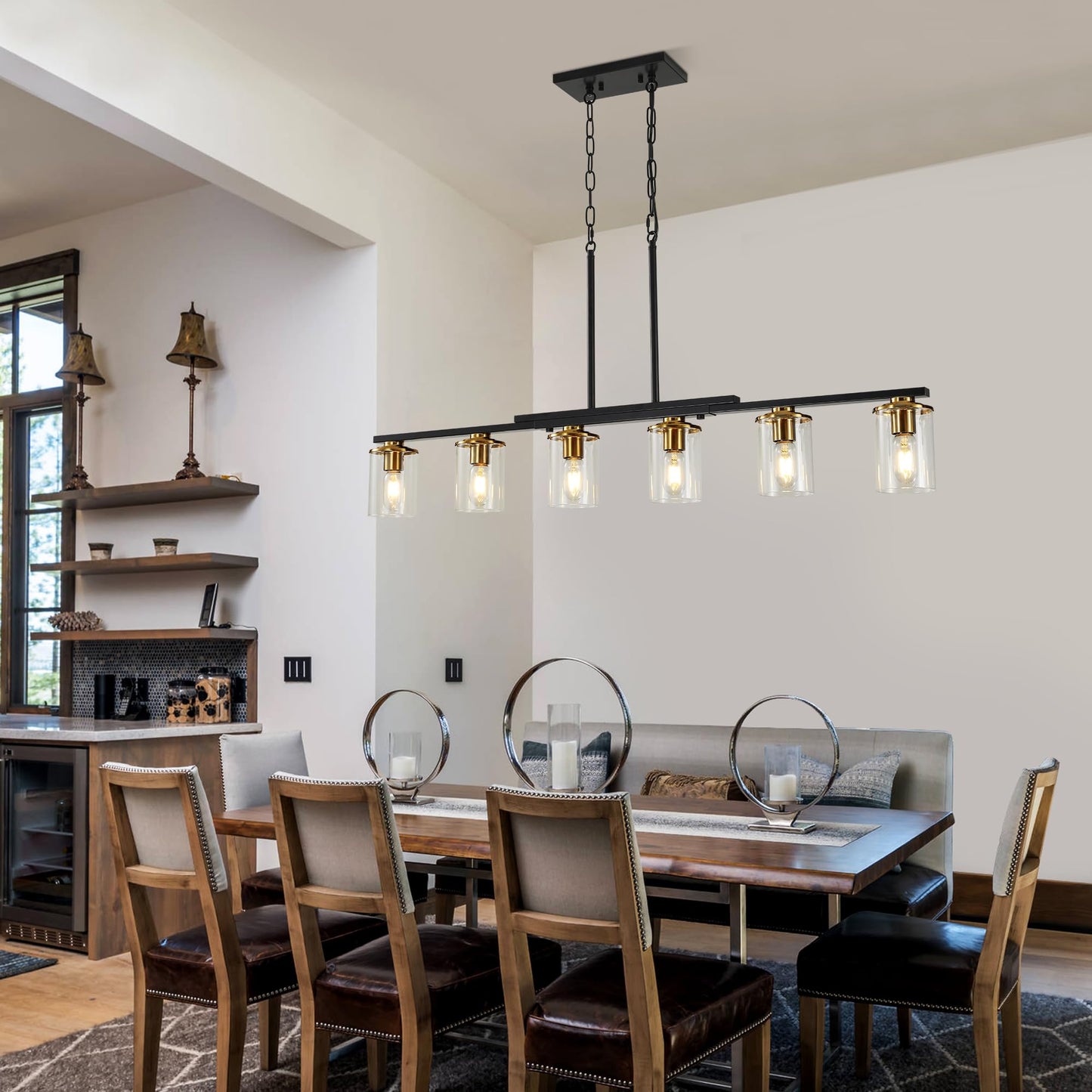 Xvmbvm 6-Light Kitchen Island Lighting Dining Room Lights Modern Farmhouse Chandelier With Clear Glass Shade Modern Rustic Black And Gold Metal Chandelier  Kitchen Pendant Light Fixtures Over Table