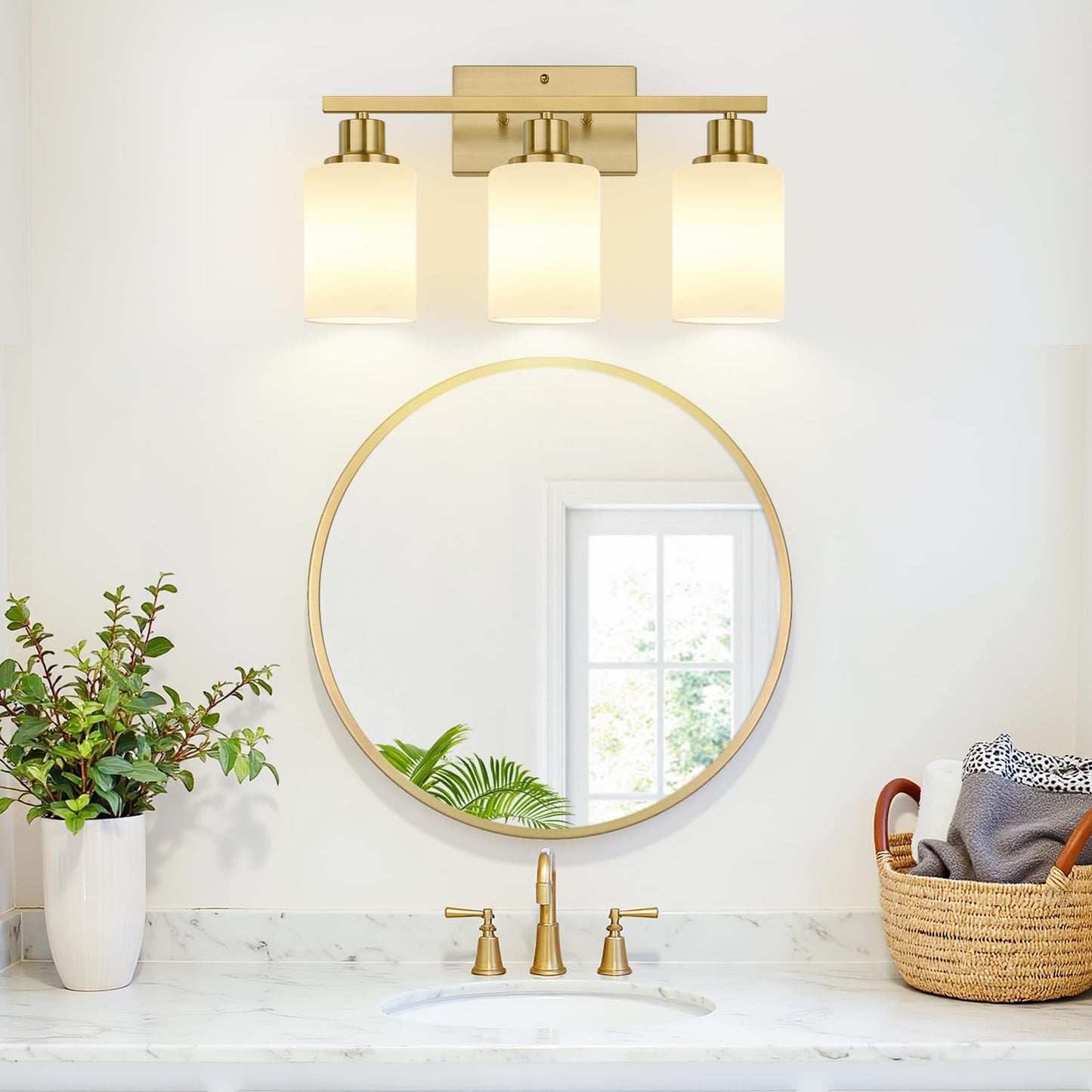 3-Light Bathroom Light Fixtures  Brushed Gold Vanity Light With Milky White Shades  Bathroom Lighting Fixtures Over Mirror  Modern Bathroom Wall Lamp For Mirror Living Room Cabinet Bedroom