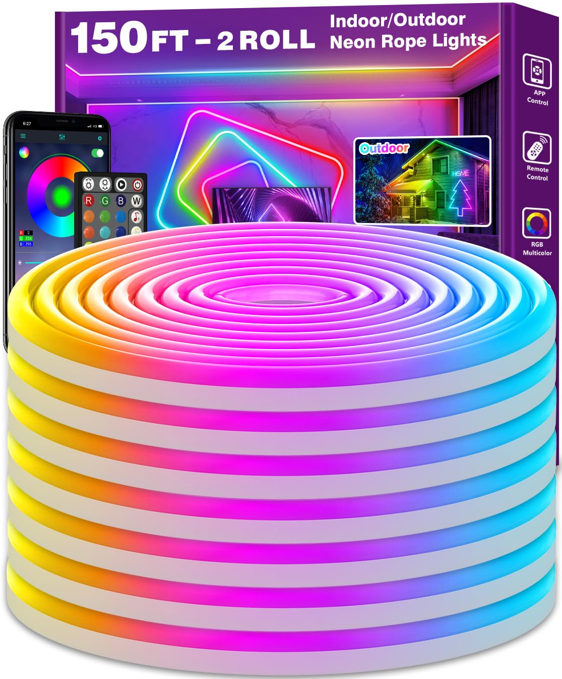 Ailbton 150Ft Led Neon Rope Lights Control With App/Remote Flexible Led Rope Light Multiple Modes Ip65 Outdoor Rgb Lights Waterproof Music Sync Gaming Led Neon Strip Light For Bedroom Decor (150Ft)