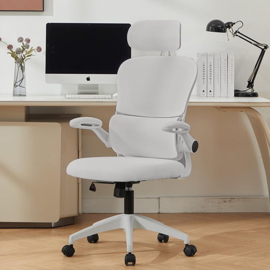 Vigosit Ergonomic Mesh Office Chair, 400 lbs Capacity, High Back Desk Chair with Adjustable Lumbar Support, 3D Headrest, Flip-Up Armrests, and PU Wheels for Long Workdays and Home Office (White)