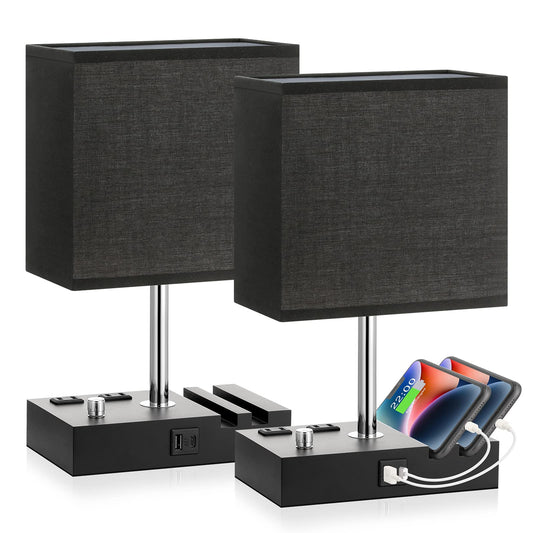 Kakanuo Bedside Lamps Set of 2, Fully Dimmable with USB C Ports, Black Lampshade, Wooden Desk Lamp for Nightstand and Living Room