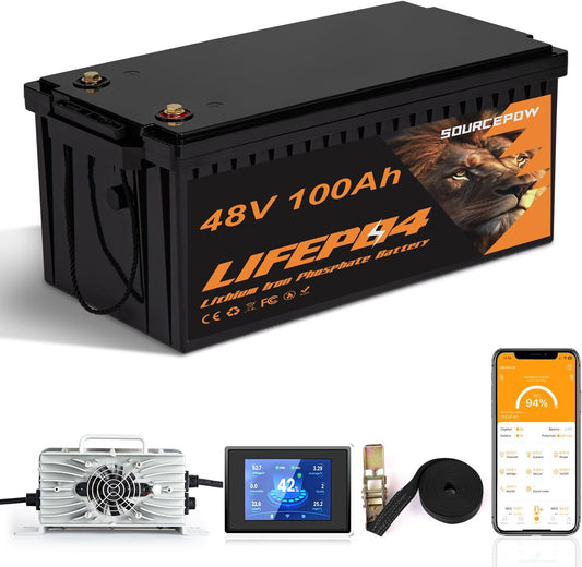 48V(51.2V) 100Ah LiFePO4 Lithium Golf Cart Battery, Built-in Smart 200A BMS with Touch Monitor and 18-Amp Charger, 1000A Peak Current, Max 10.24kW Power Output, Perfect for Golf Carts, Solar