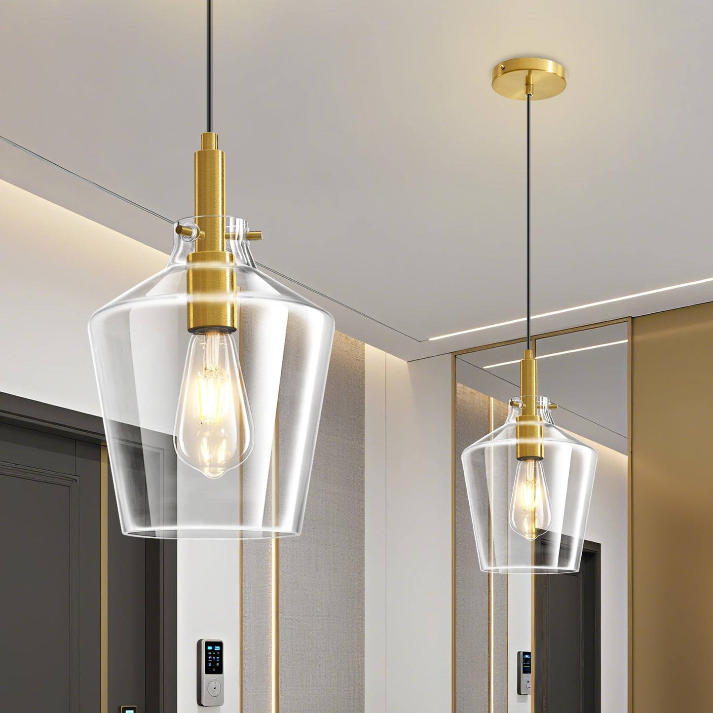 Vaziden Modern Glass Pendant Lighting For Kitchen Island 2 Pack  Farmhouse Gold Pendant Light Fixtures  Adjustable Hanging Ceiling Light  Angled Clear Glass Shades 8 Inch