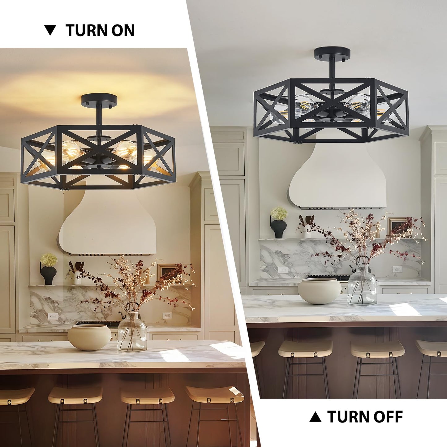 Oteedo Modern Semi Flush Mount Ceiling Light 19.7 6-Light Hexagon Flush Mount Ceiling Lights For Dining Room Light Fixture Farmhouse Black Metal Kitchen Island Lighting Fixtures For Hallway Bathroom