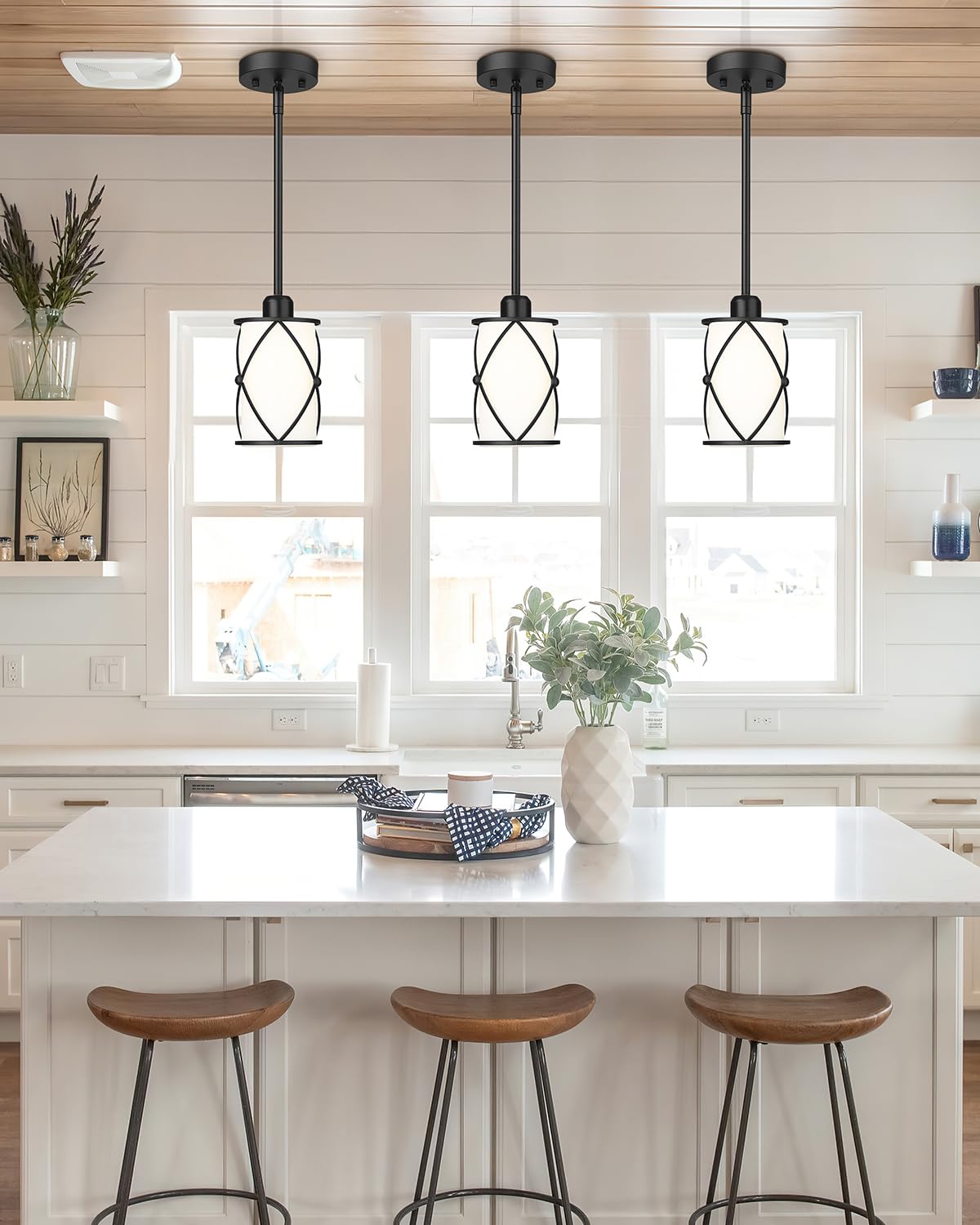 Osimir Pendant Lights Kitchen Island 3 Pack  Black Kitchen Pendant Lighting Over Island With Milk Glass And Rods  Modern Mini Hanging Light For Sink Dining Room  Ch9176Bkw-3Pk