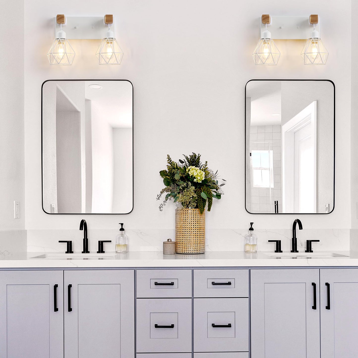 White Bathroom Vanity Light Fixtures  2-Light Wood Bathroom Light Fixtures Over Mirror  Rustic Sconces Wall Lighting With Elegant Metal Lampshade For Living Room  Bedroom  Hallway