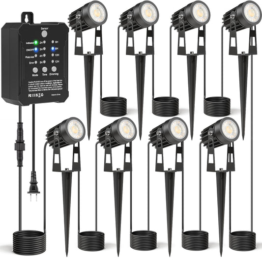 Hiboitec Low Voltage Landscape Lighting With Transformer Photocell Sensor And Timer Spotlights Kit 68Ft Etl Approved Wire Dimmable Waterproof 4000K For House Yard Trees Garden Plants Outdoor 8 Packs