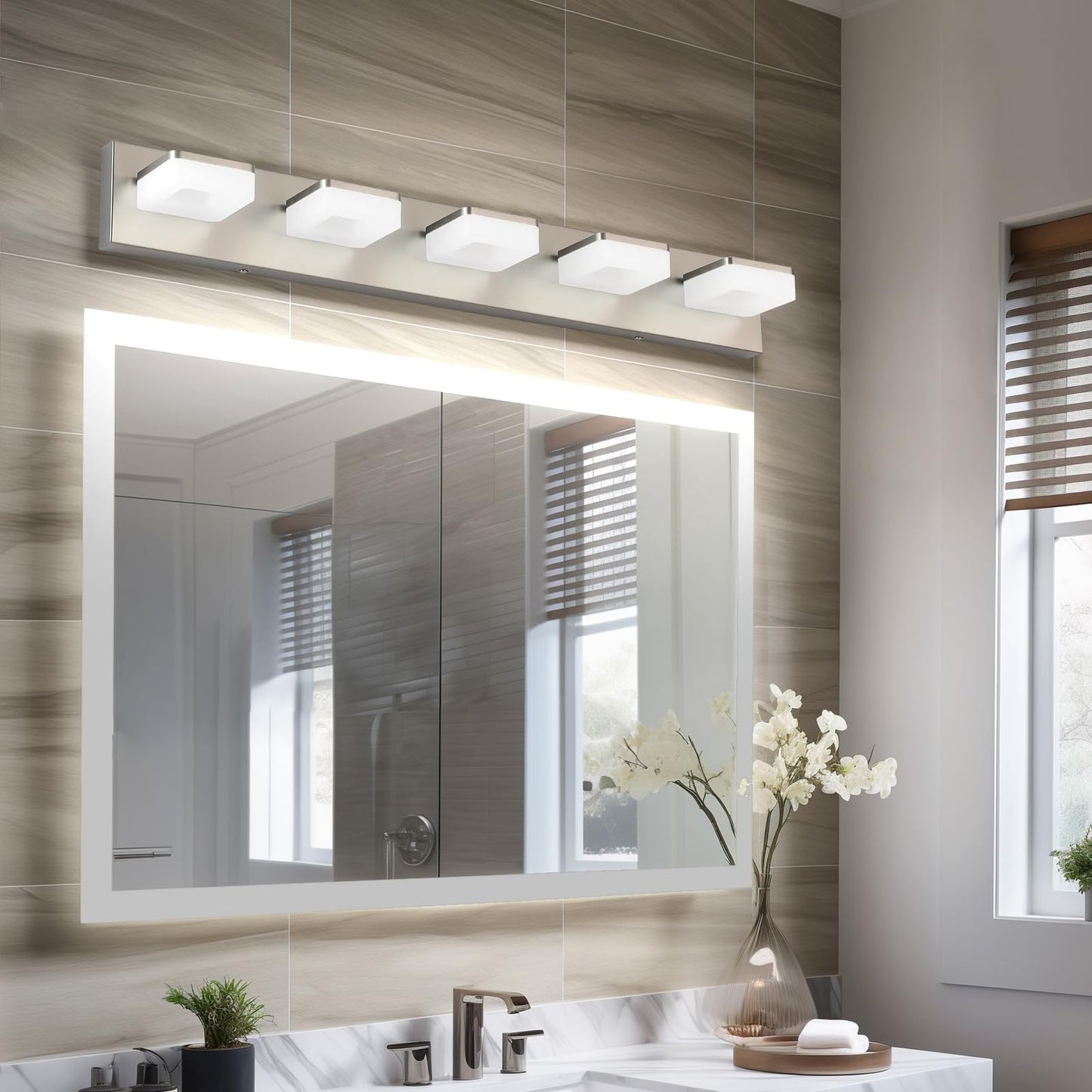 Bicrink Brushed Nickel Vanity Lights For Bathroom 5 Light Vanity Lighting Fixtures For Mirror 32 Adjustable 5500K Modern Led Vanity Light Over Mirror  Bath Wall Lighting Fixtures