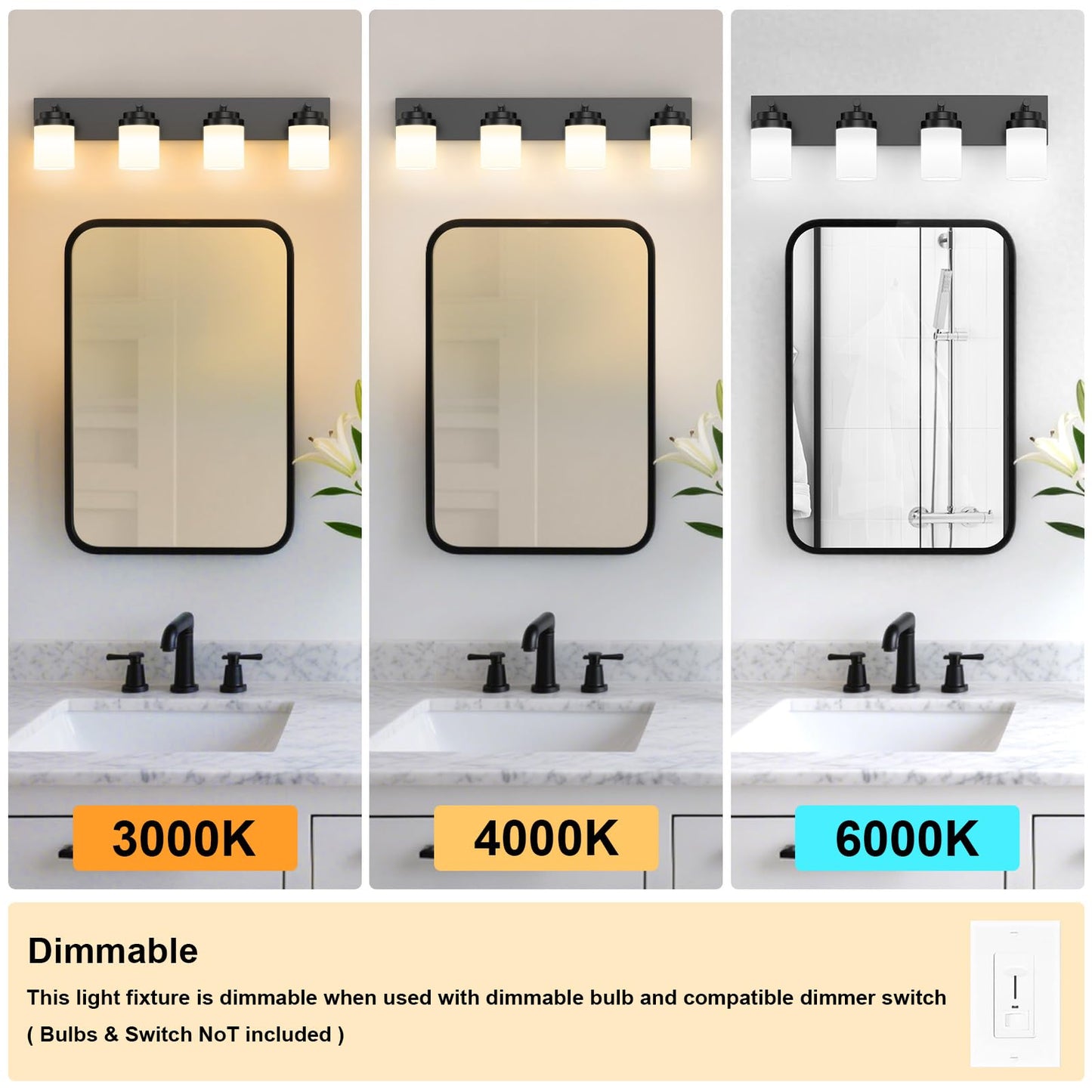Izorro Bathroom Vanity Light Fixture  4-Light 27.5 Inch Matte Black Bathroom Light Fixtures Over Mirror  With White Glass Shade  Modern Farmhouse Vanity Lights  Rustic Restroom Lighting Fixtures