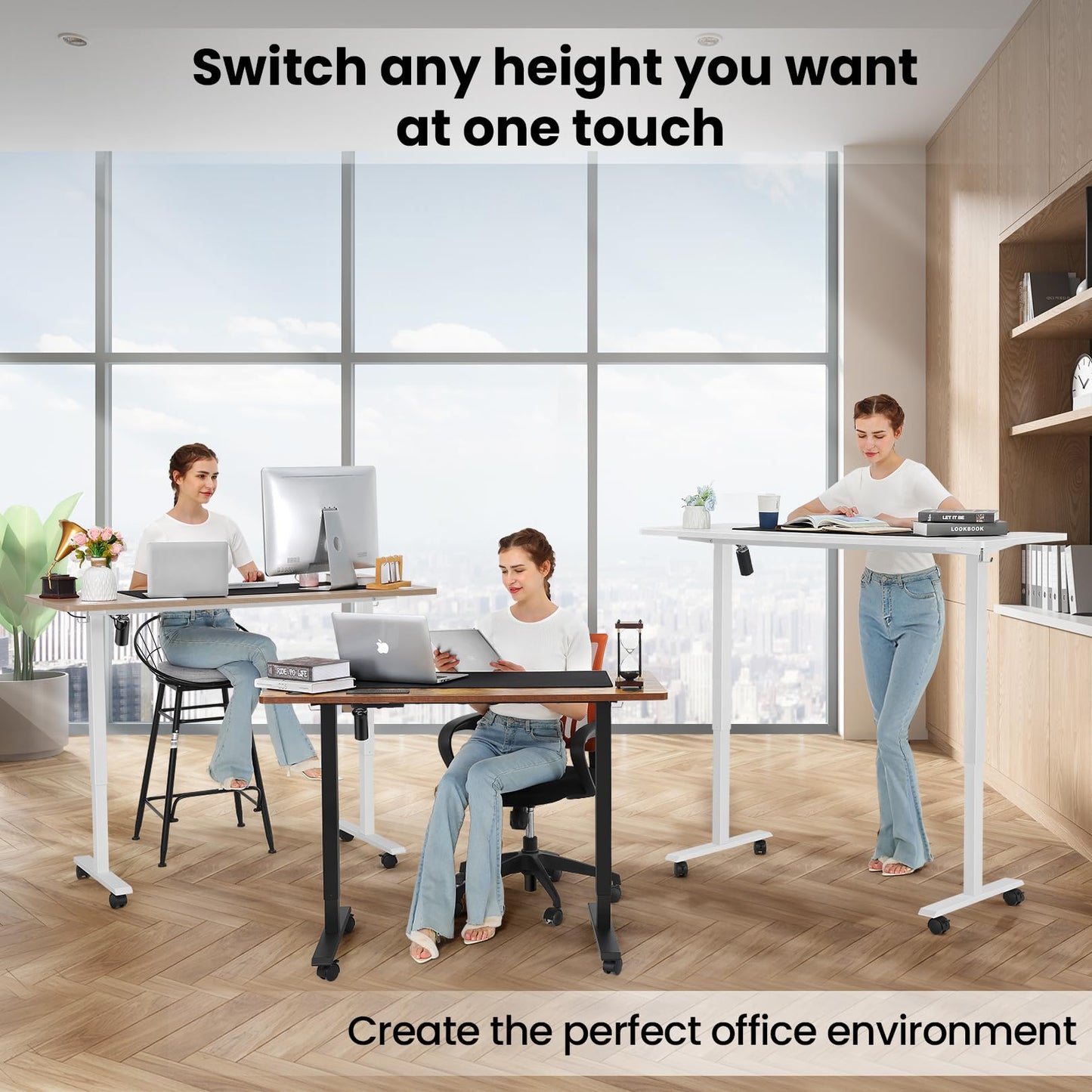 farexon Electric Standing Desk Adjustable Height,63x24 Inches Stand Up Desk with 4 Preset Heights, Lockable Casters,Double Hooks,27.5''-46.5'' Lifting Range Curved Home Office Computer Desk(Oak Grey)