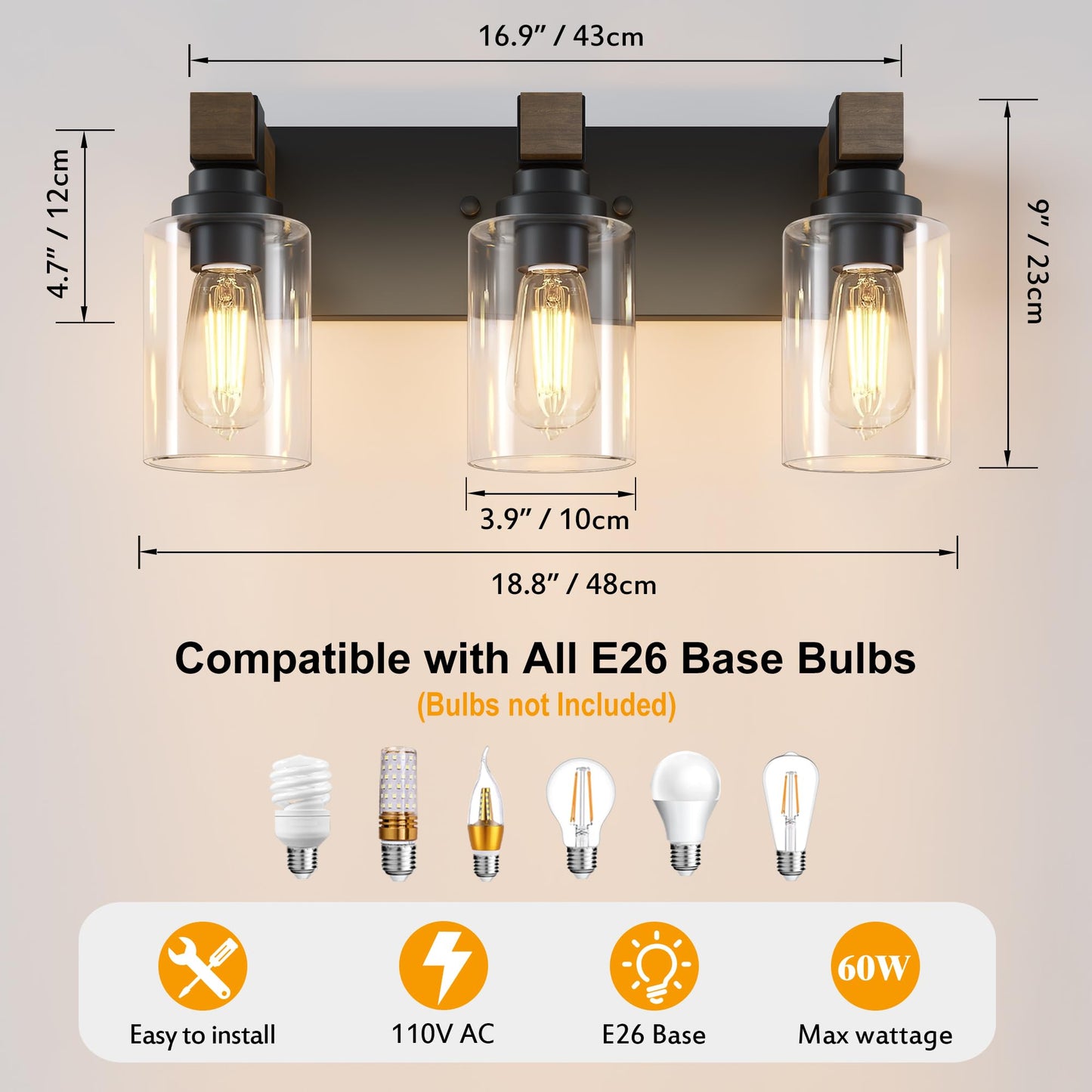 Farmhouse Bathroom Vanity Light Fixtures  Rustic 3-Light Wood Vanity Lights For Bathroom  Vintage Black Wall Sconces Lighting  Light Fixtures Over Mirror  With Glass Shade