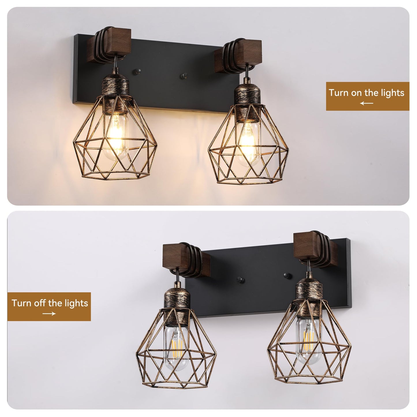 Farmhouse Vanity Light For Bathroom  2-Light Black Gold Wood Bathroom Vanity Light Fixtures Over Mirror  Rustic Sconces Wall Lighting With Metal Lampshade For Living Room  Bedroom  Hallway