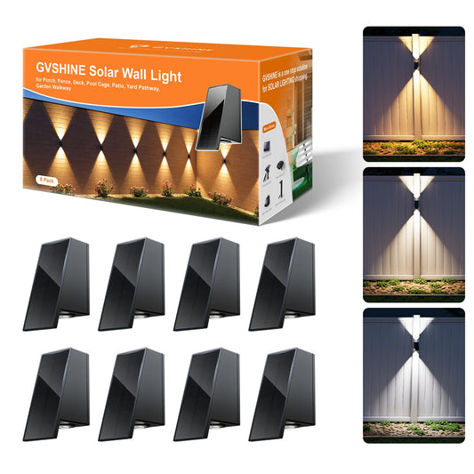 8 Pack Solar Powered Fence Lights Outdoor (Warm/Neutral/Cool White) Waterproof Up And Down Wall Mount Led Decorative Lamp For Outside Patio  House  Backyard  Porch  Deck  Garden With 3 Lighting Modes