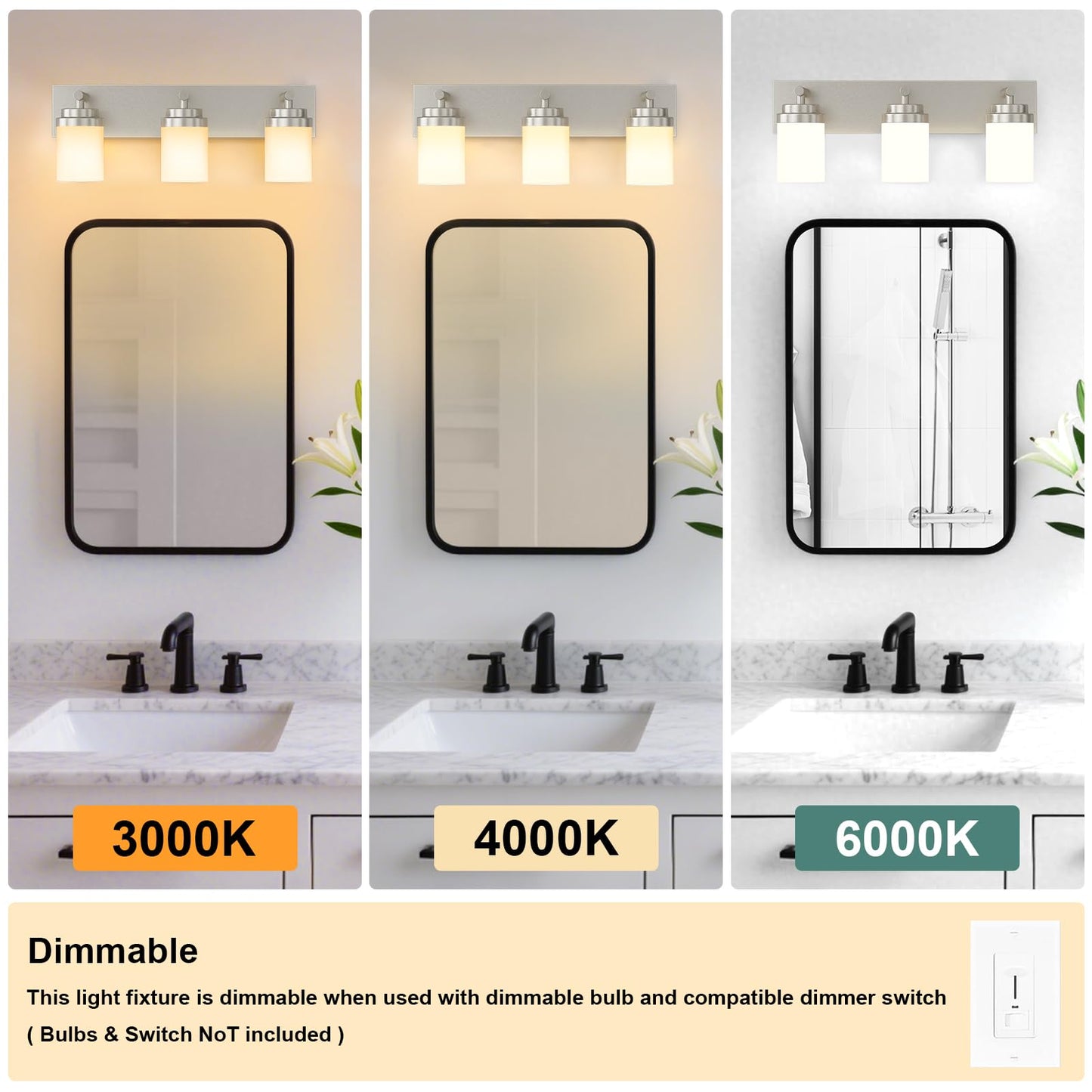 Izorro Bathroom Vanity Light Fixture  3-Light 22 Inch Brushed Nickel Bathroom Light Fixtures Over Mirror  With White Glass Shade  Modern Farmhouse Vanity Lights  Rustic Restroom Lighting Fixtures