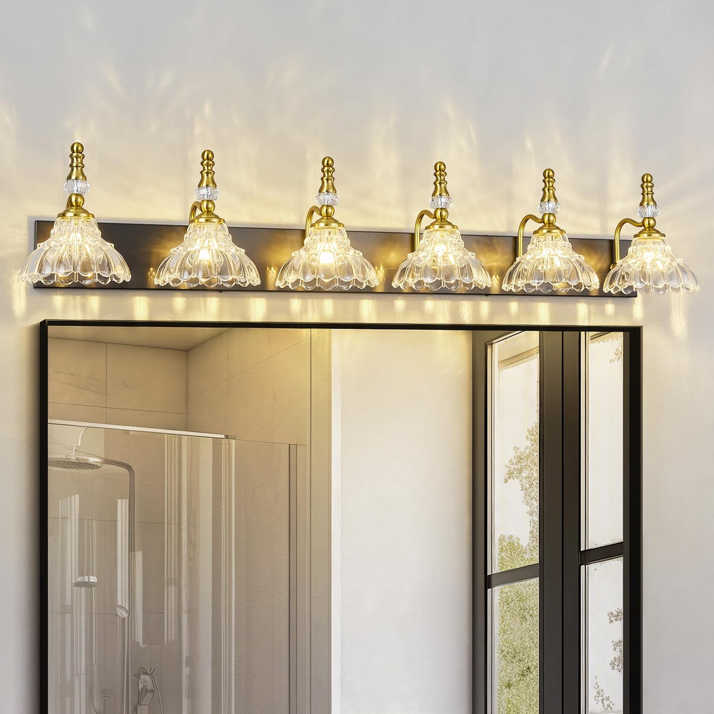 Lbsqj Vintage Bathroom Vanity Light  6-Light Black Gold Vanity Lighting Fixture With Flower Glass Shade  Bathroom Lighting Fixtures Over Mirror
