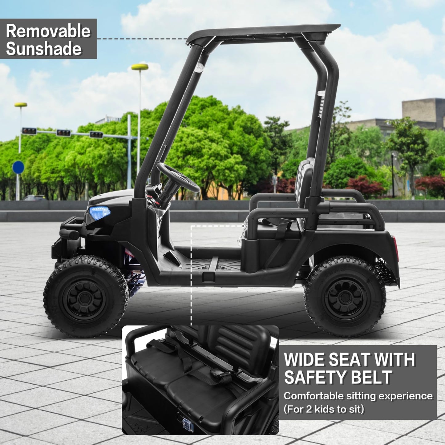 24V 2 Seater Kids Ride on Car, 4WD Golf Cart with Parent Remote Control, 4x4 Motors Ride on Truck with Roof, Toddler Electric Vehicle with Storage Box, Foot Pedal, Music Player, Lights, Horn, Black