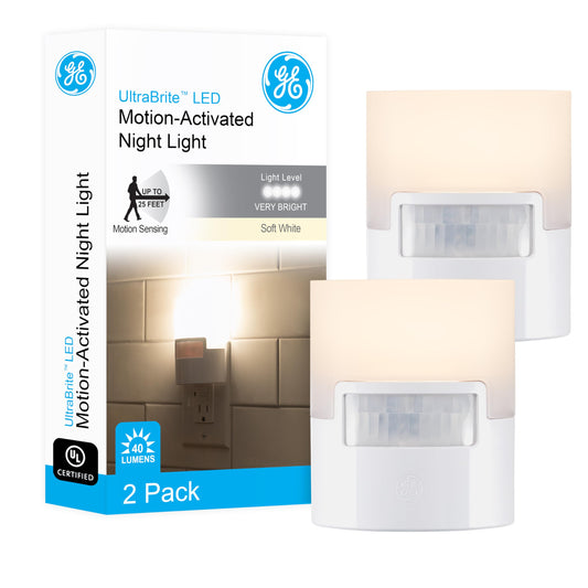 GE home electrical LED Motion Sensor Night Light, 40 Lumens, Plastic, 2 Pack, White, Model 46632