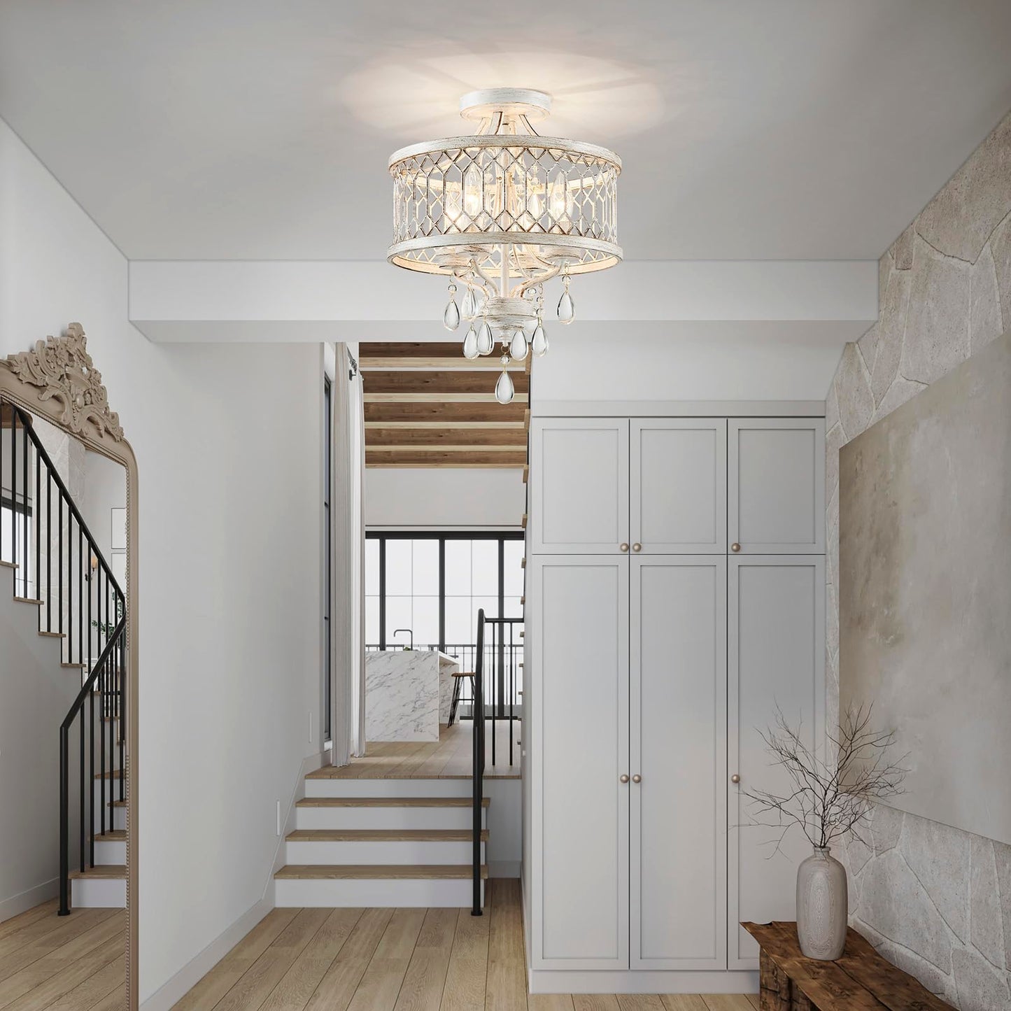 Crystal Ceiling Light Fixture  Modern Semi Flush Mount Ceiling Light  Farmhouse Crystal Chandeliers For Dining Room Light Fixture  Hallway Lighting Fixtures For Kitchen Bedroom Bathroom Foyer Entryway